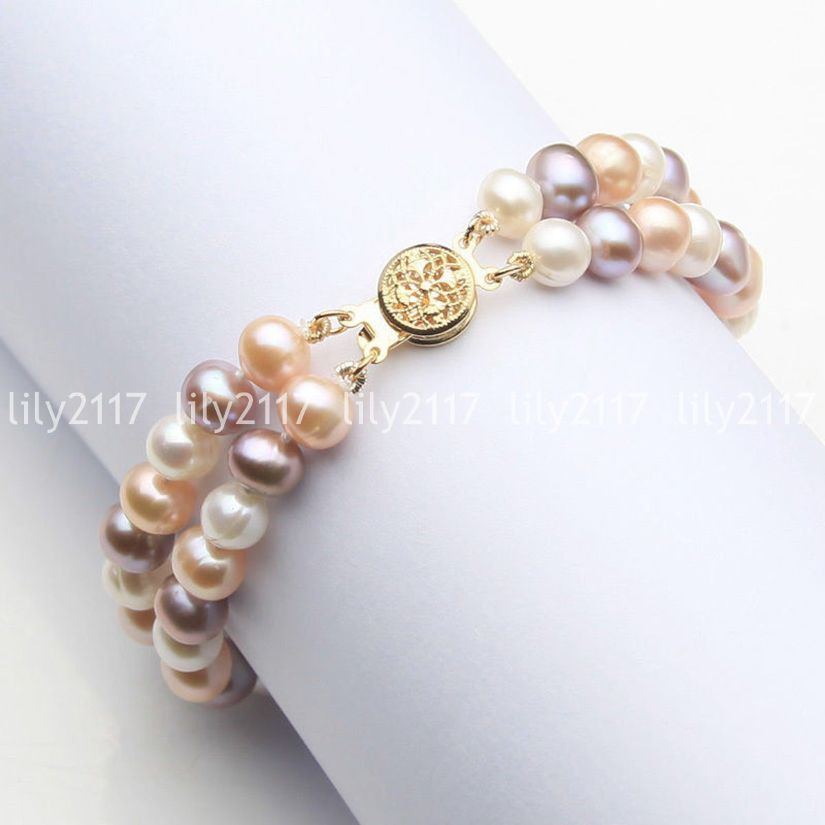 2 Rows Genuine Natural Freshwater Akoya Pearl Beads Bracelet 7.5″ 6-7/7-8/8-9mm