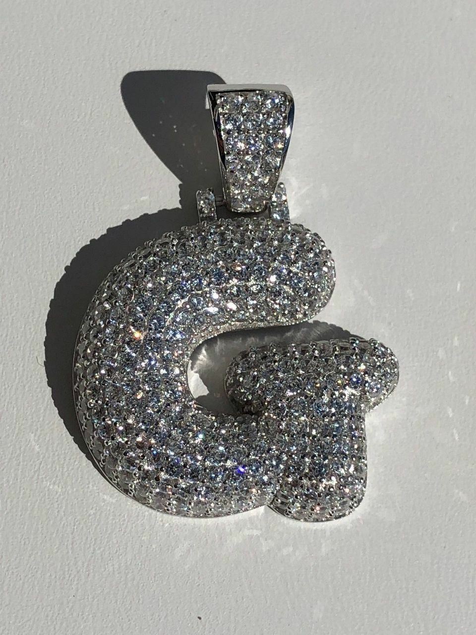925 Silver Custom Bubble Letters Initial Pendant CZ FULLY ICED A B C D E F G – Z