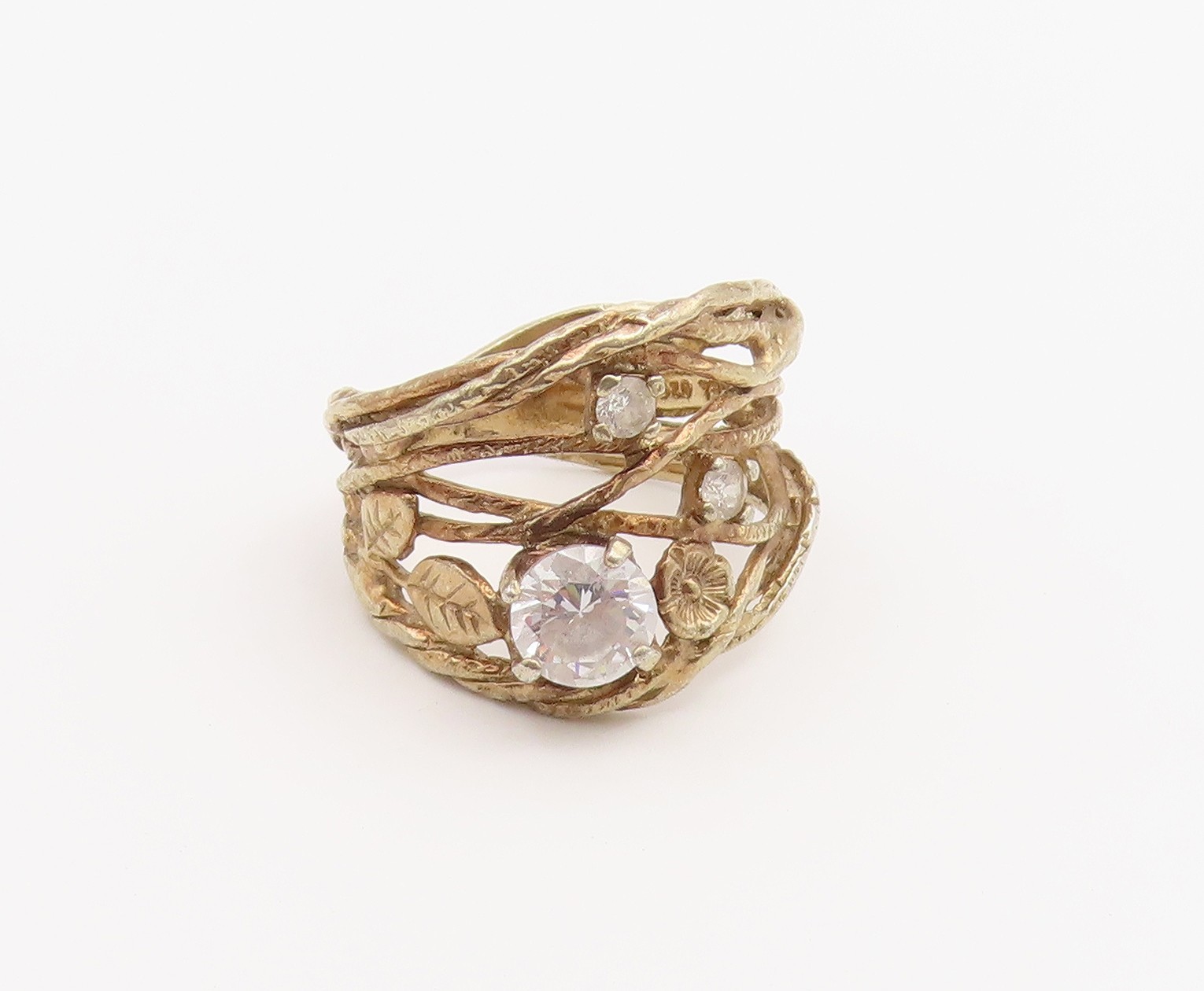 925 Sterling Silver Vintage Ring ISRAEL CZ Vine & Flower Band Sz 7 RG36879