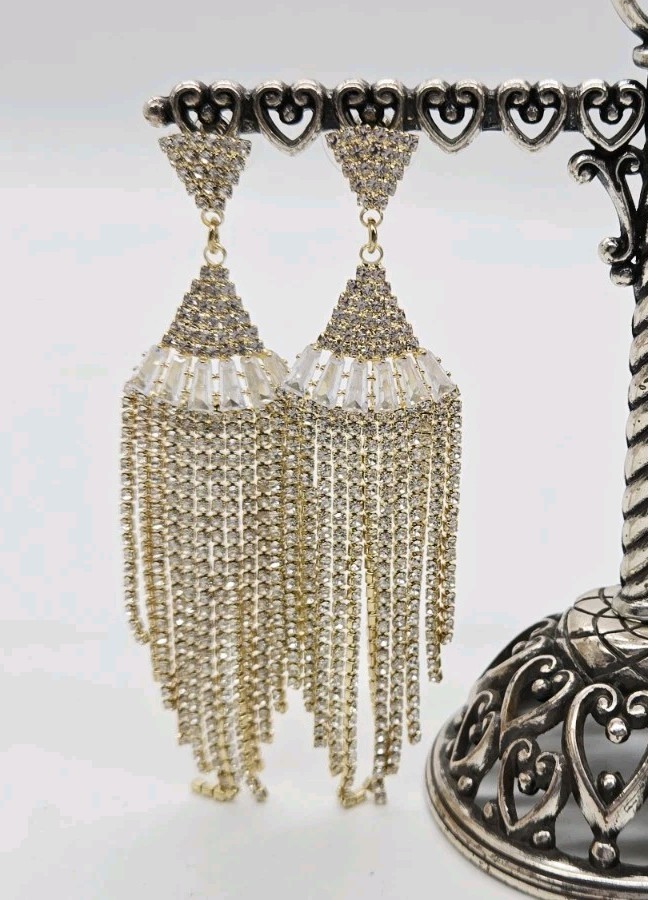 Crystal Chandelier Earrings Fringe Waterfall Dangle Gold Tone Pierced 3.75 in