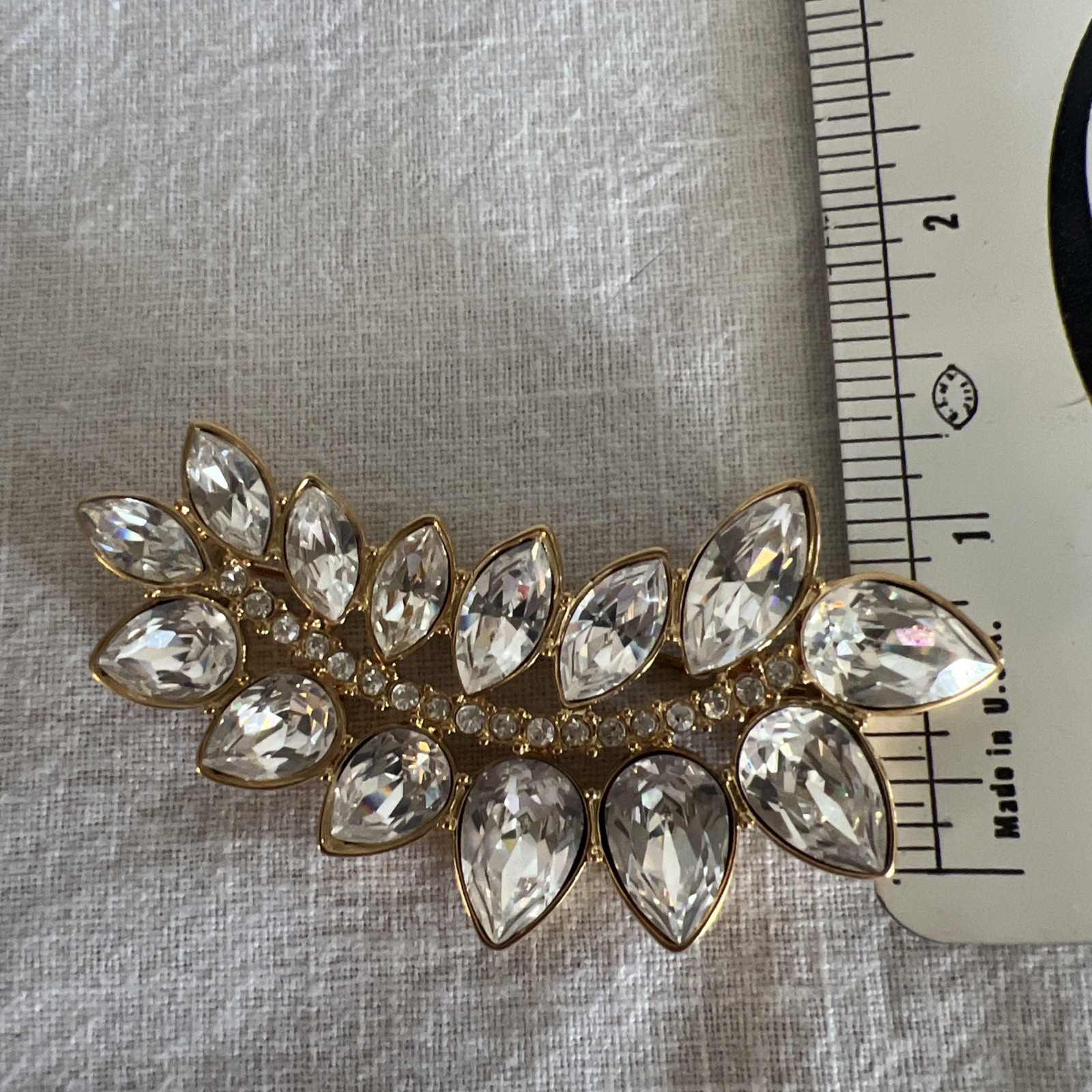 Vtg Signed Monet Gold Tone Leaf White Rhinestones Brooch Statement Pin 2 5/8 in