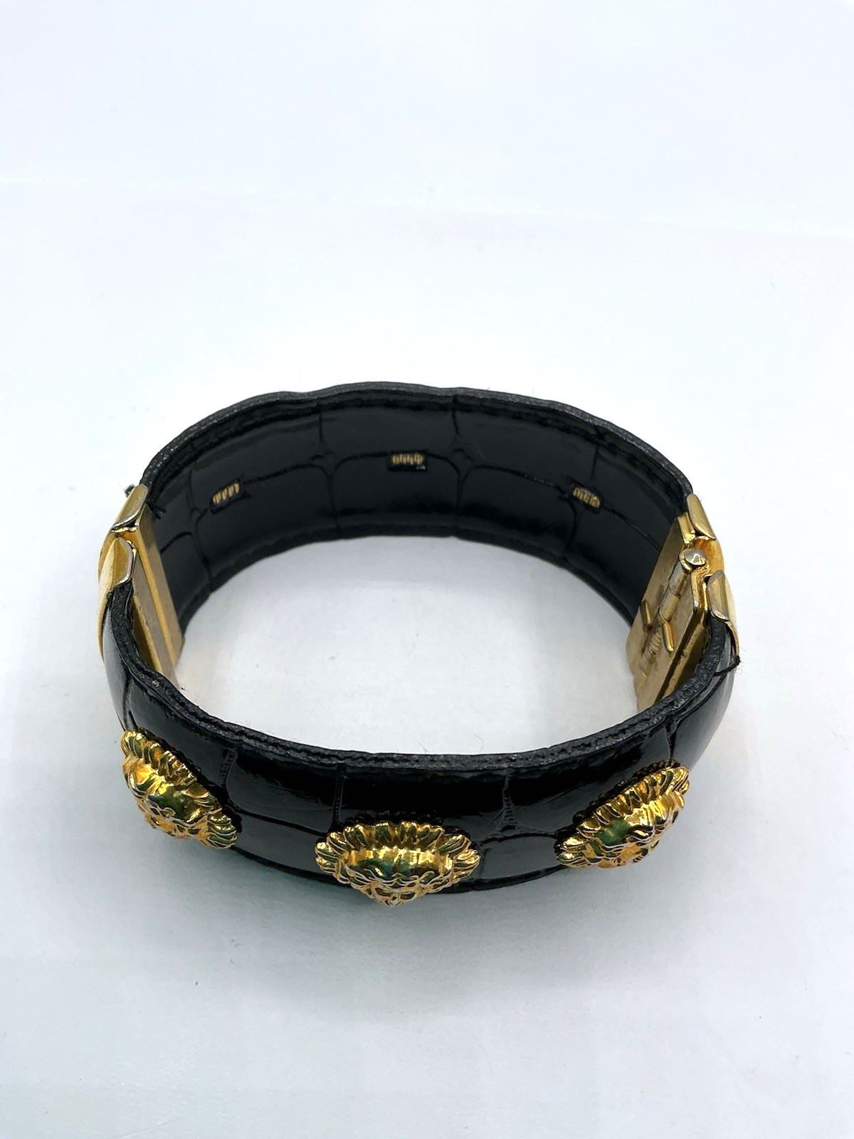 Vintage Black Patent Leather Gold Tone Medusa Accents Hinged Clamper Bracelet