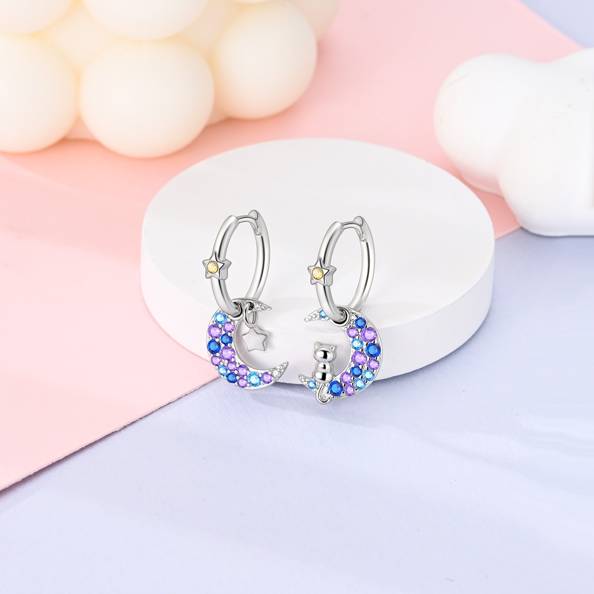 LAZA European Women 925 Sterling Silver Hoop Earrings CZ Star Moon Cat Jewelry