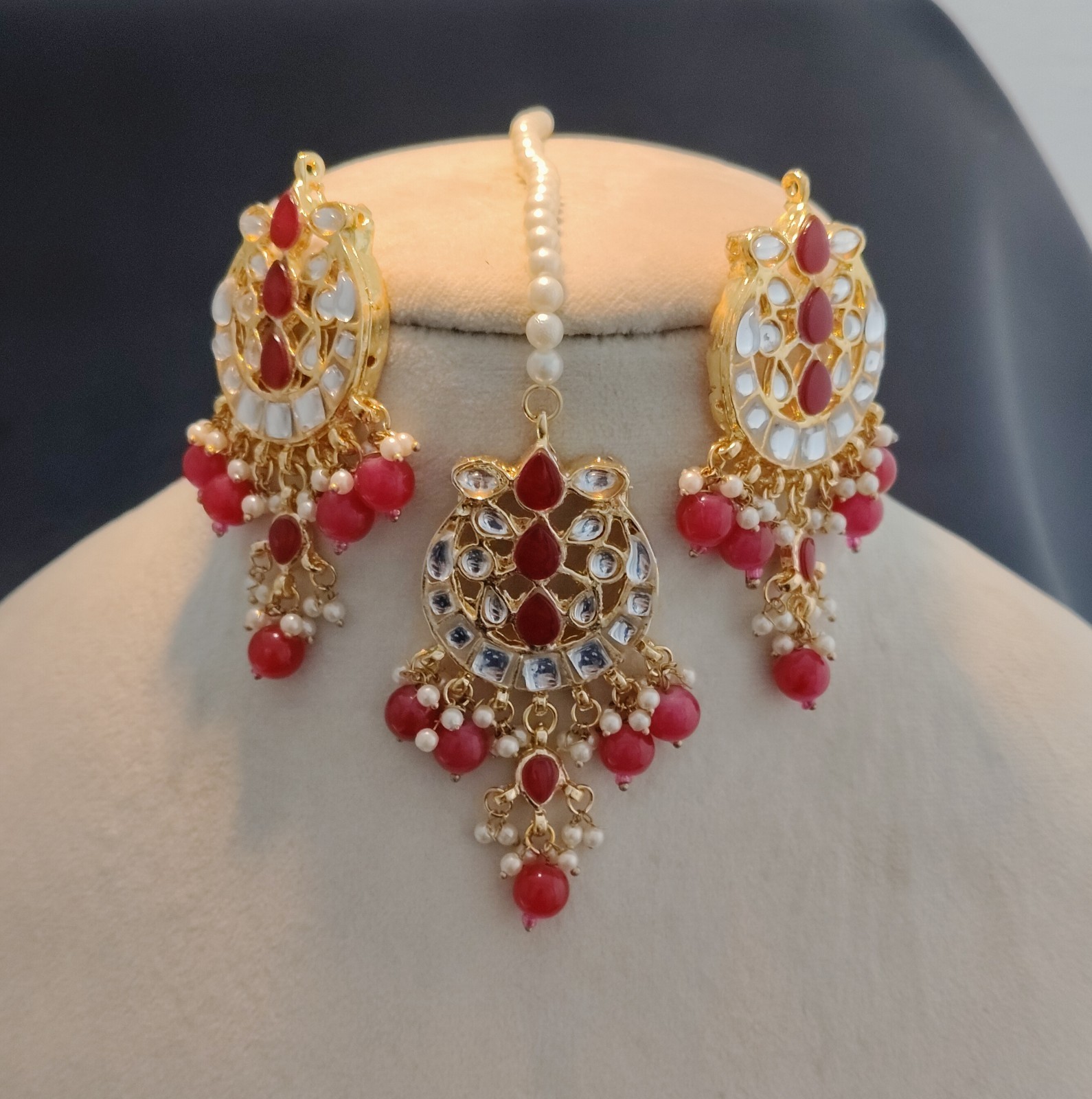 Arfa Pakistani Bridal Layered Ruby Kundan Pearl Choker Necklace Set Roz Jeweller