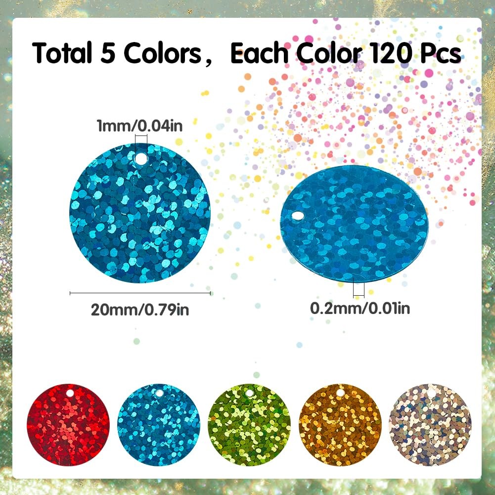 600Pcs 5 Colors Round Sequins Flat Sequin Paillettes 20mm Plastic PVC Colorfu