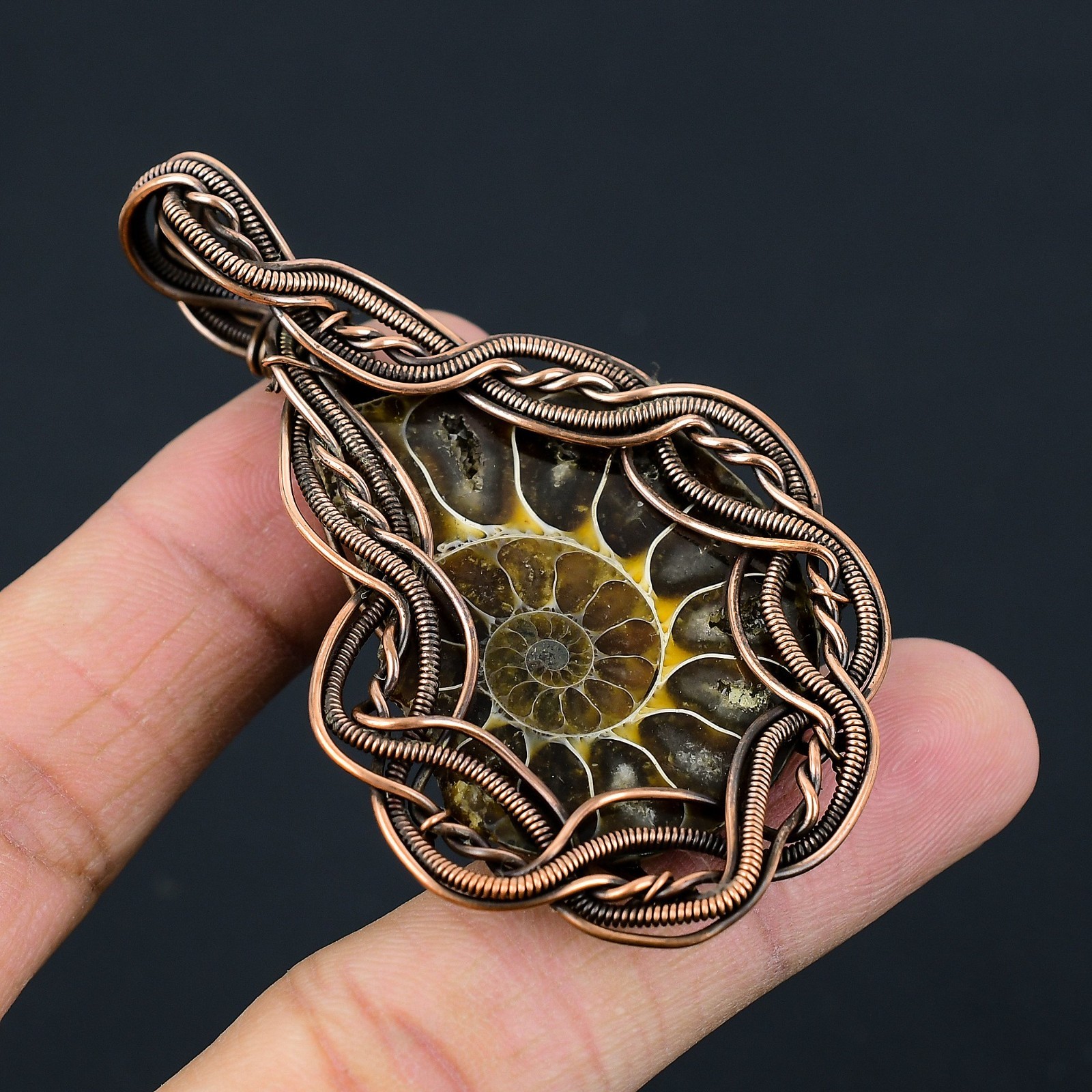 Ammonite Fossil Handmade Gemstones Copper Wire Wrapped Pendant Jewelry