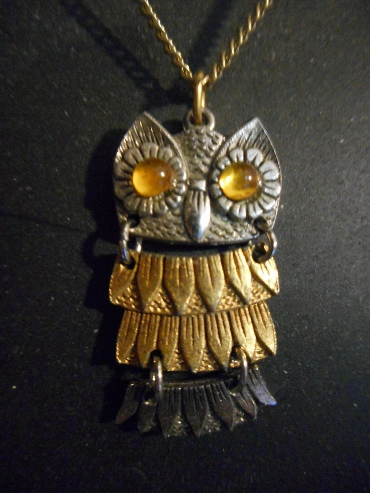Owl Articulated Pendant Necklace Multi-Color Yellow Eyes- Chain 9 1/8″ L x 3/4″W