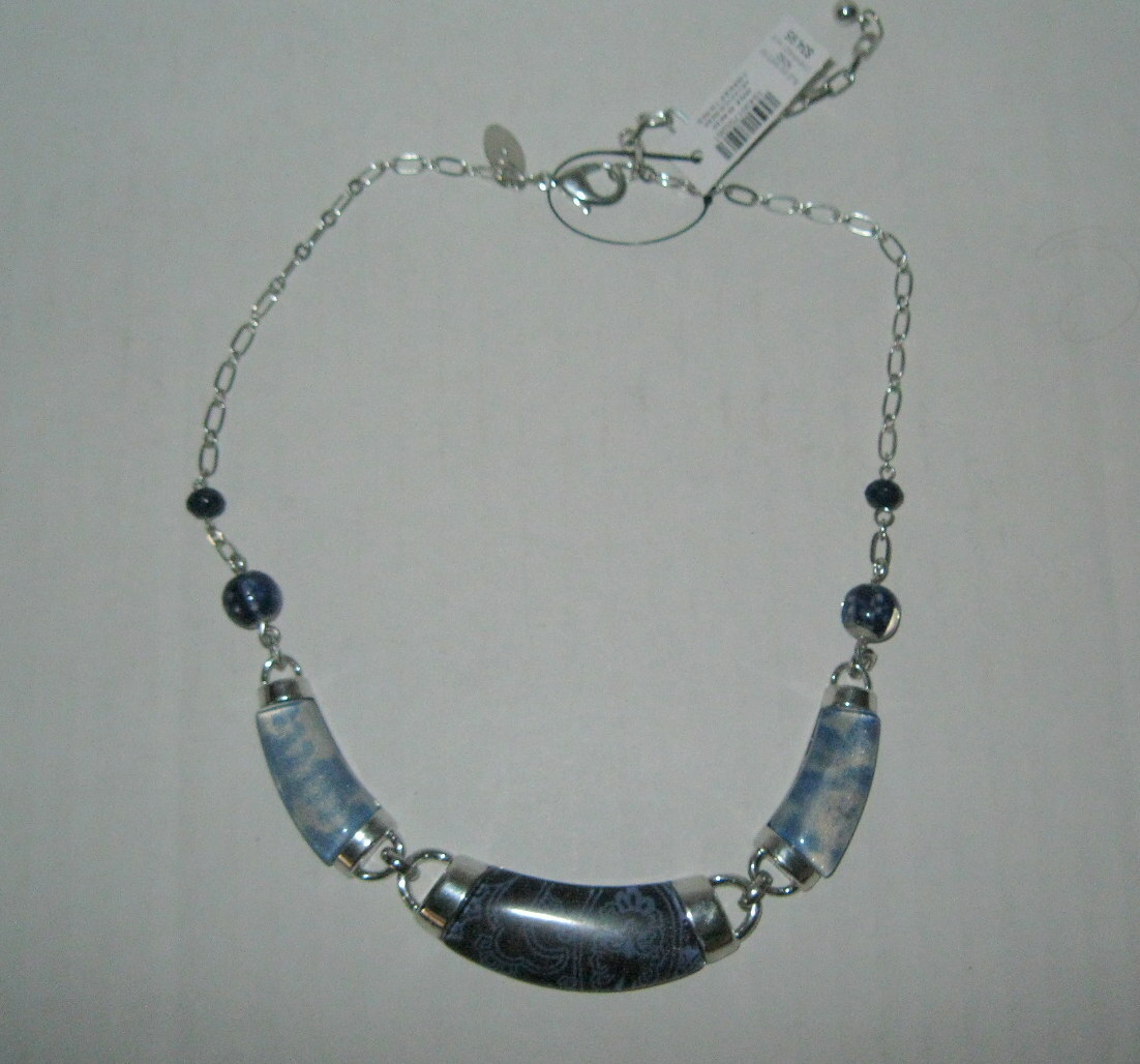 New CHICO’S Blue & White Mix Printed Bib Necklace Nickel Free 18″ Long