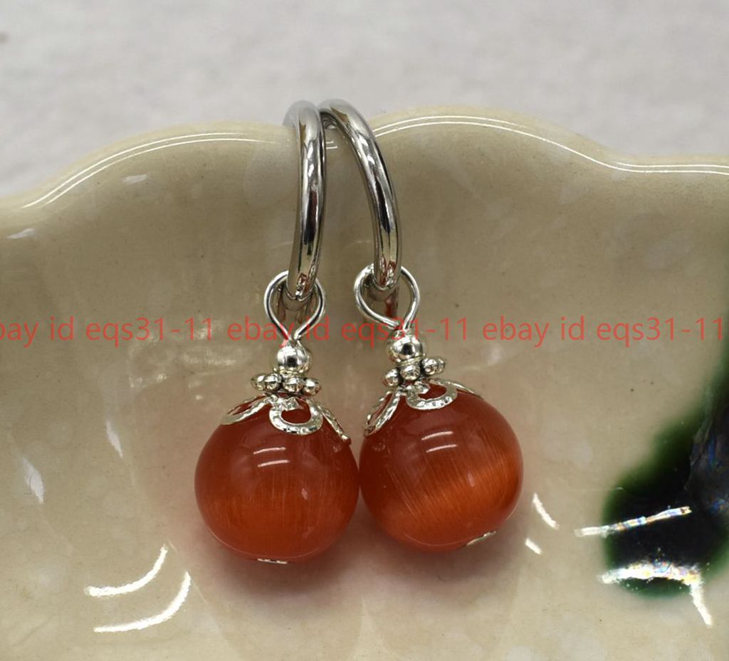 Pretty 12mm Orange Cat’s Eye Opal Round Gemstone Beads Leveback Earrings