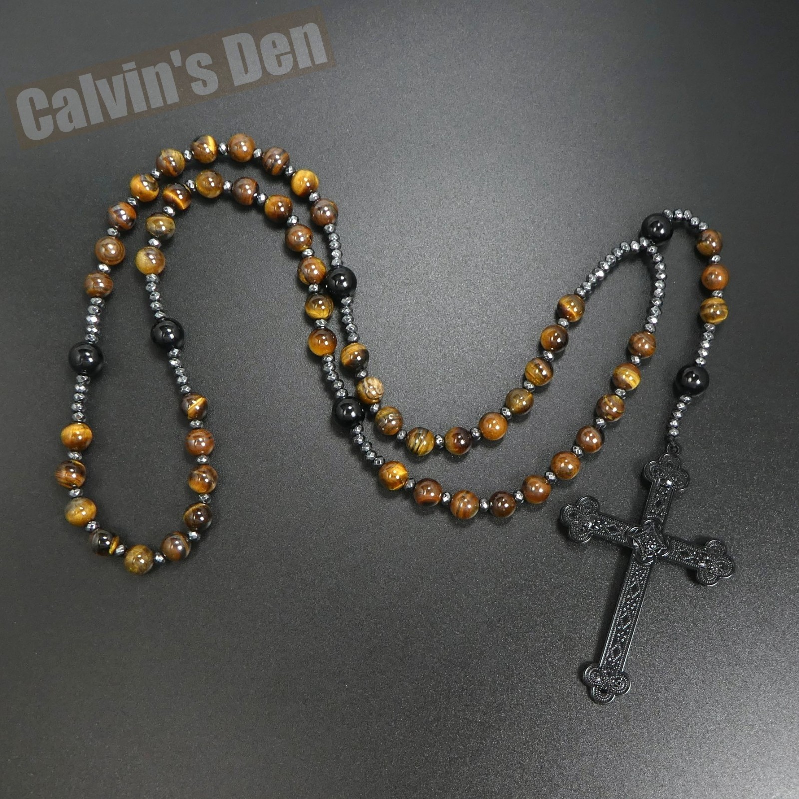 Tiger Eye Black Onyx Beads Gothic Punk Rock Cross Rosary Necklace Heavy Men Gift