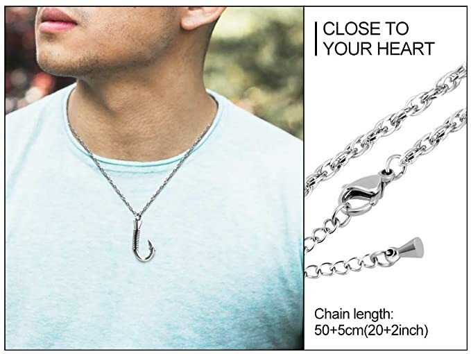 Fishing Hook Urn Necklace for Ashes Fish Hook Stainless Steel Cremation Silver