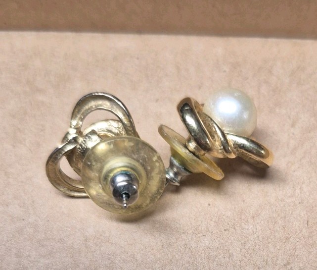 Vintage Signed Trifari Gold Tone Faux Pearl Love Knot Post Earrings