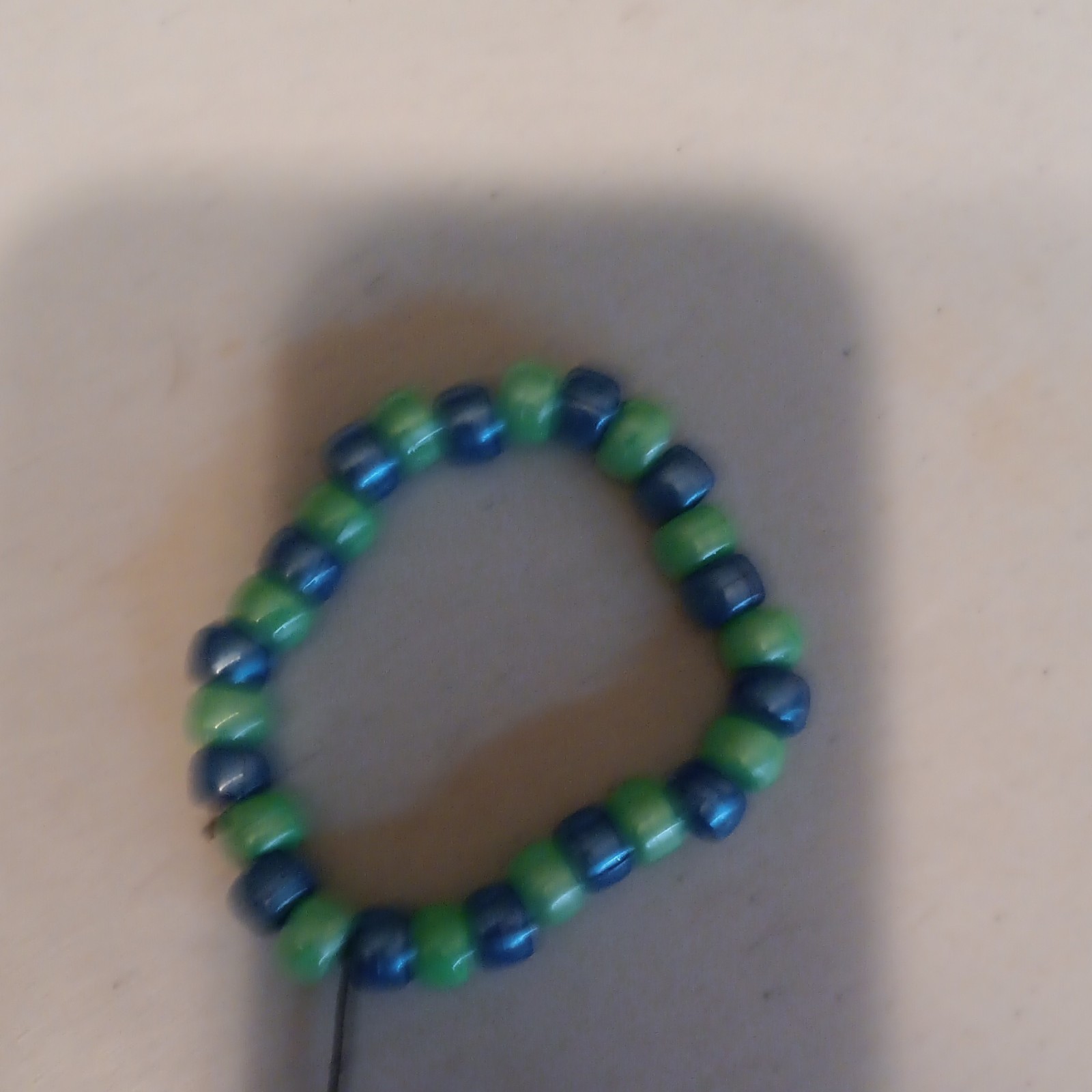 Blue & Green Plastic Round Beaded Bracelet, Stretch Elastic, No Stone