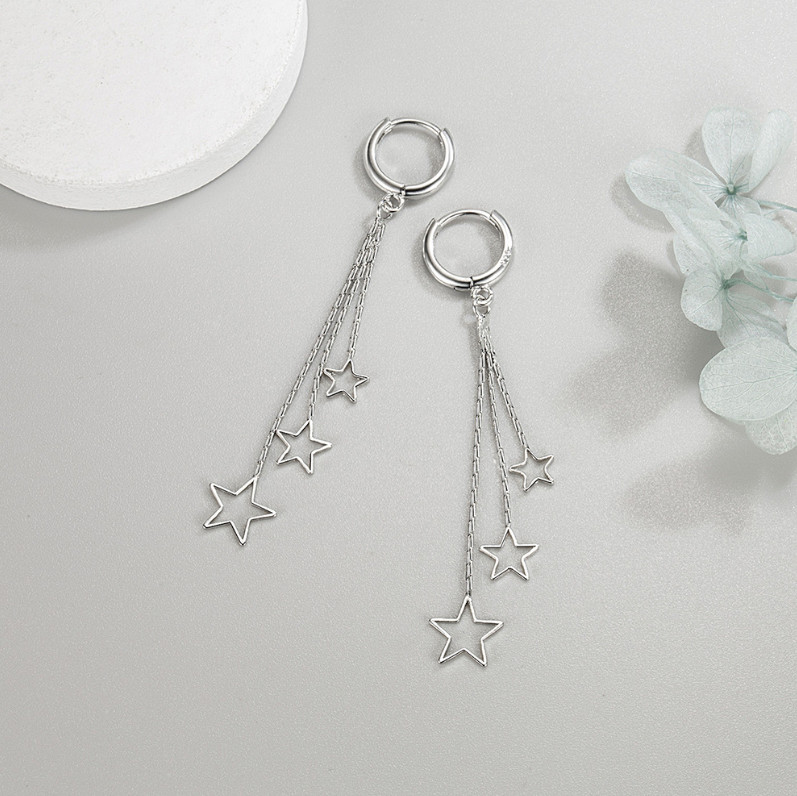925 Sterling Silver Plated Dangle Tassel Star Huggie Hoop Earrings Women TH3