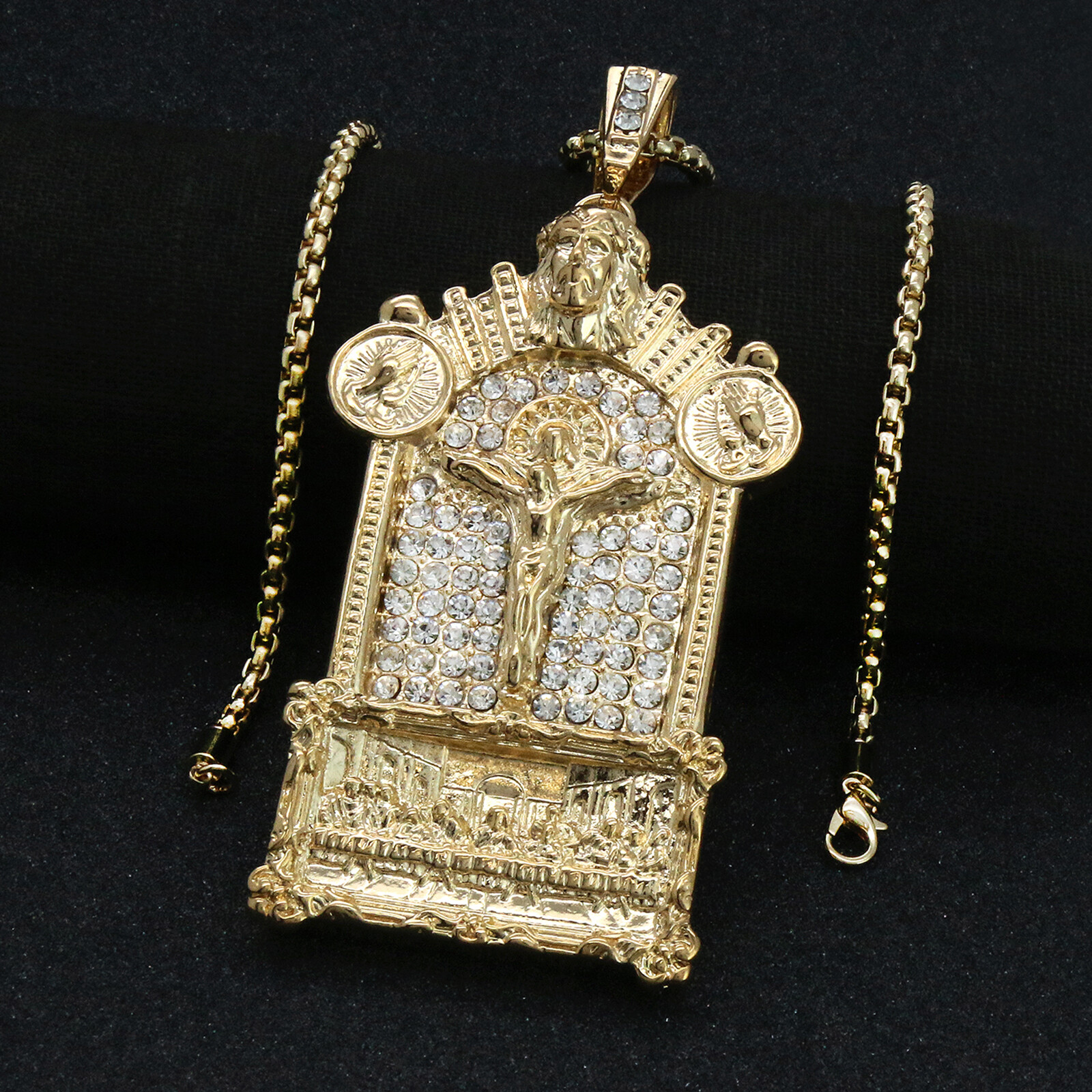 14k Gold Plated Last Supper Jesus Temple Pendant Cubic-Zirconia 24″ Box Chainn