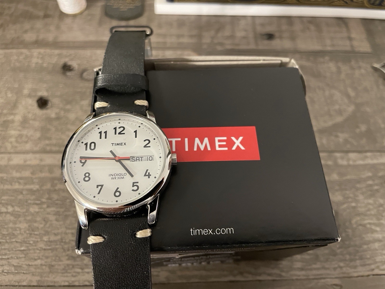 Timex Indiglo Quartz Day-Date Analog Watch White Dial Black Leather 30m