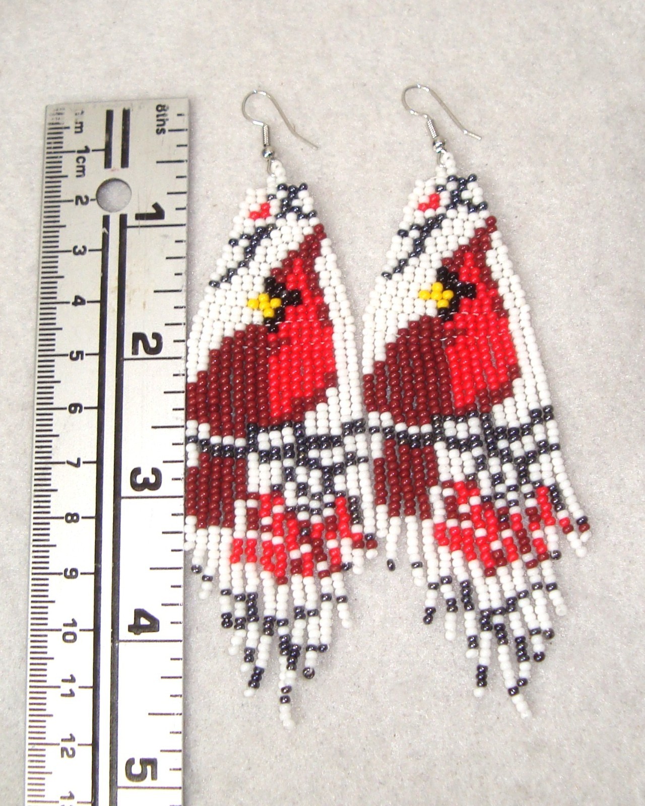 NEW! Handcrafted Red and White Beaded Cardinal Earrings