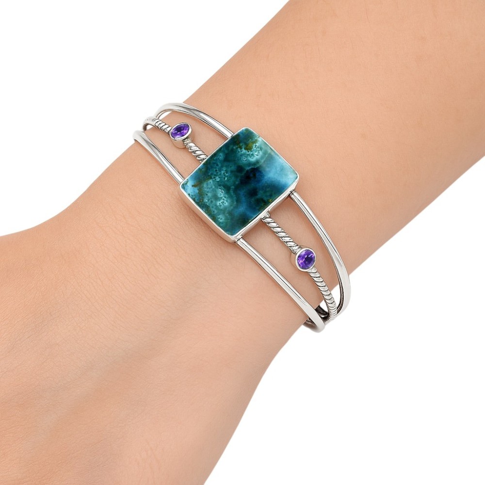 Premium Shattuckite & Amethyst 925 Silver Cuff Bangle Bracelet Jewelry B-1011