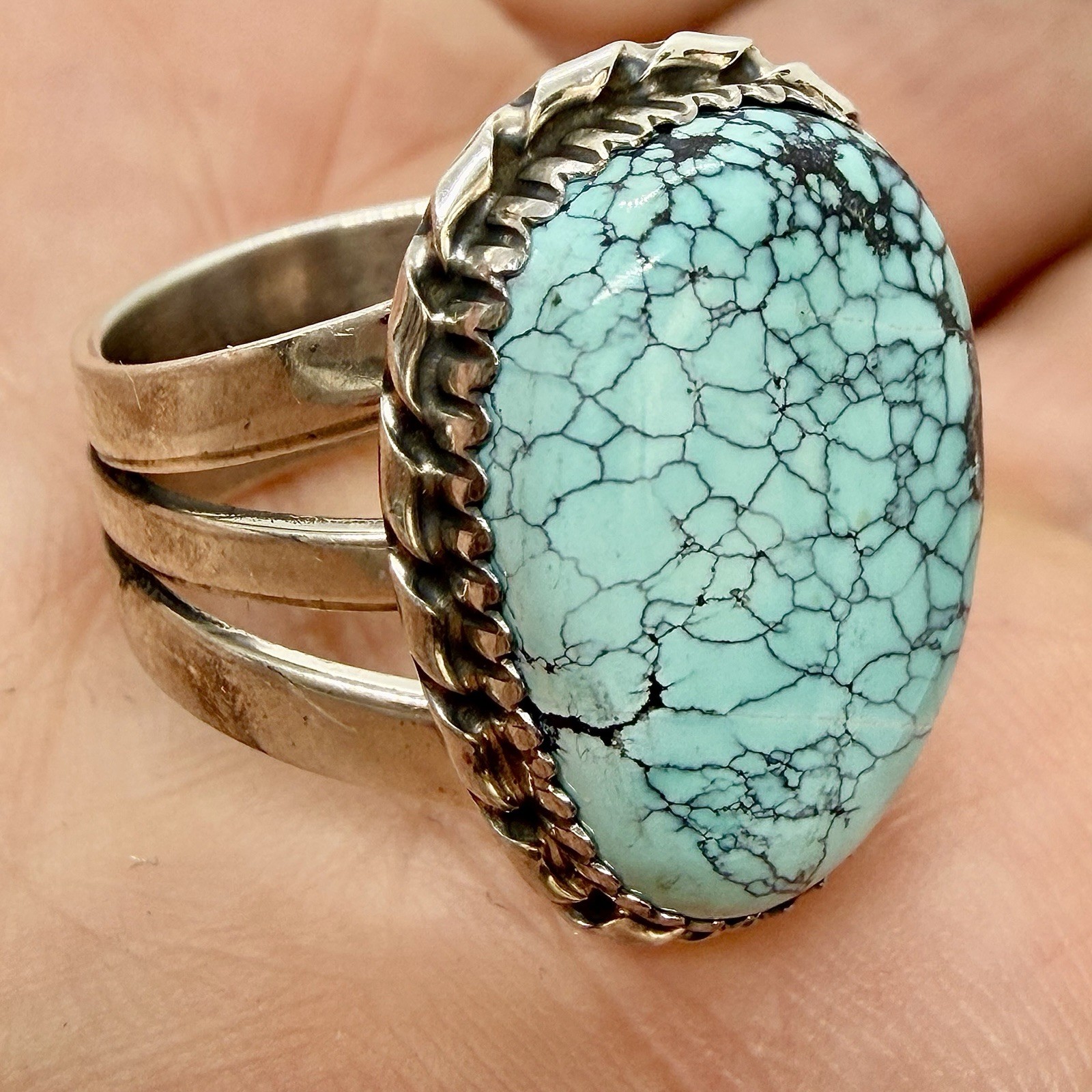 Navajo Natural Spiderweb Golden Hills Turquoise Ring Sz 9.5 Sterling by AJ 9.5g