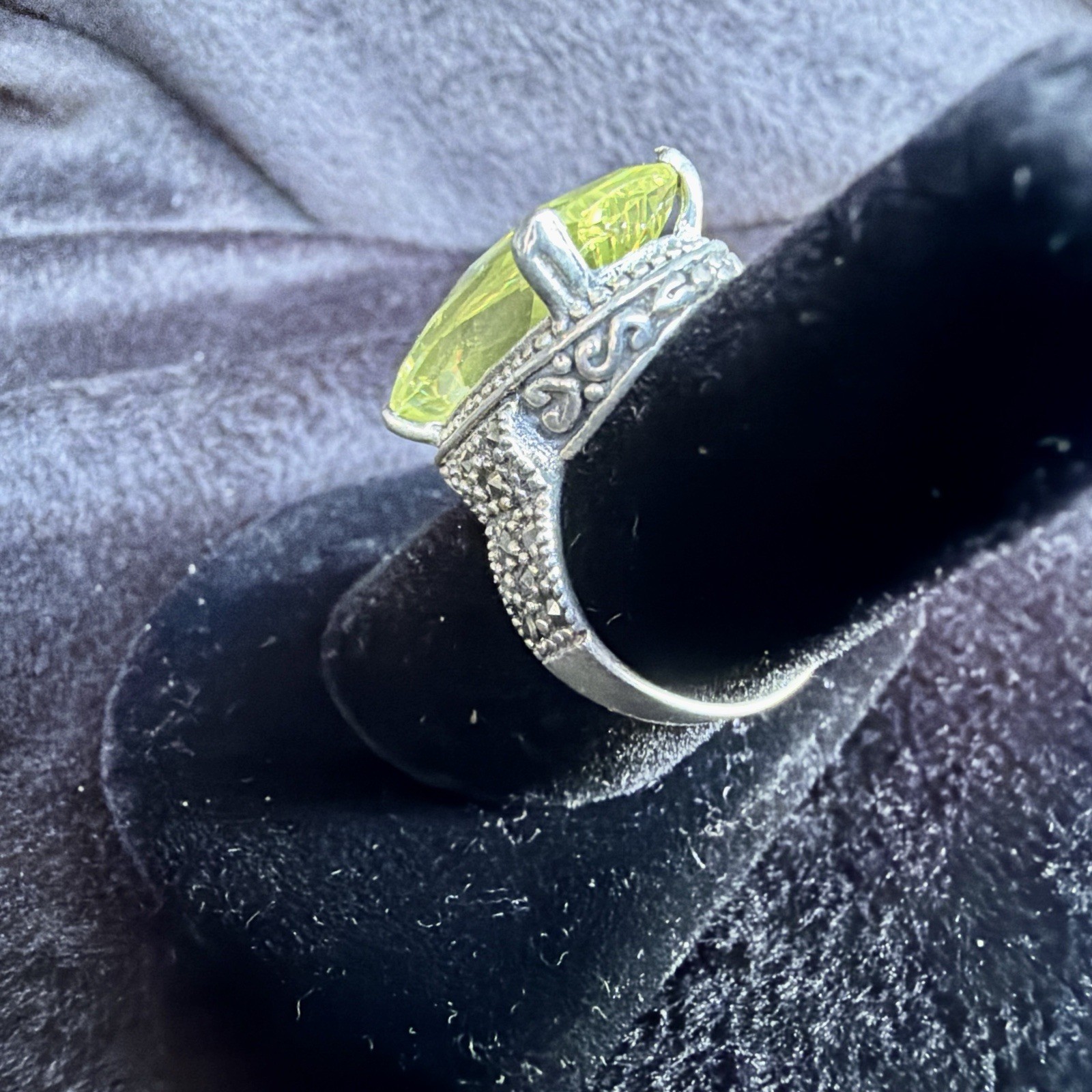 Vtg Sterling Silver Ring .925 Sz 7.5 Marquis PALE Yellow Stone Cocktail Coquette