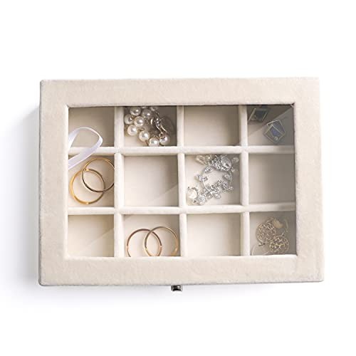 Jewelry Organizer Tray with Clear Lid – Velvet Drawer Insert 12 Grid Beige