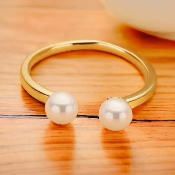 S925 Gold Pearl Open Cuff Adjustable Ring Bypass Minimalist Size 5-7