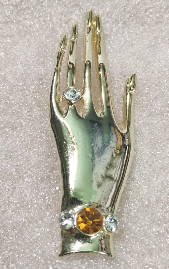 HAND WITH CRYSTAL RING AND BRACELET BROOCH PIN VINTAGE Gold Color METAL