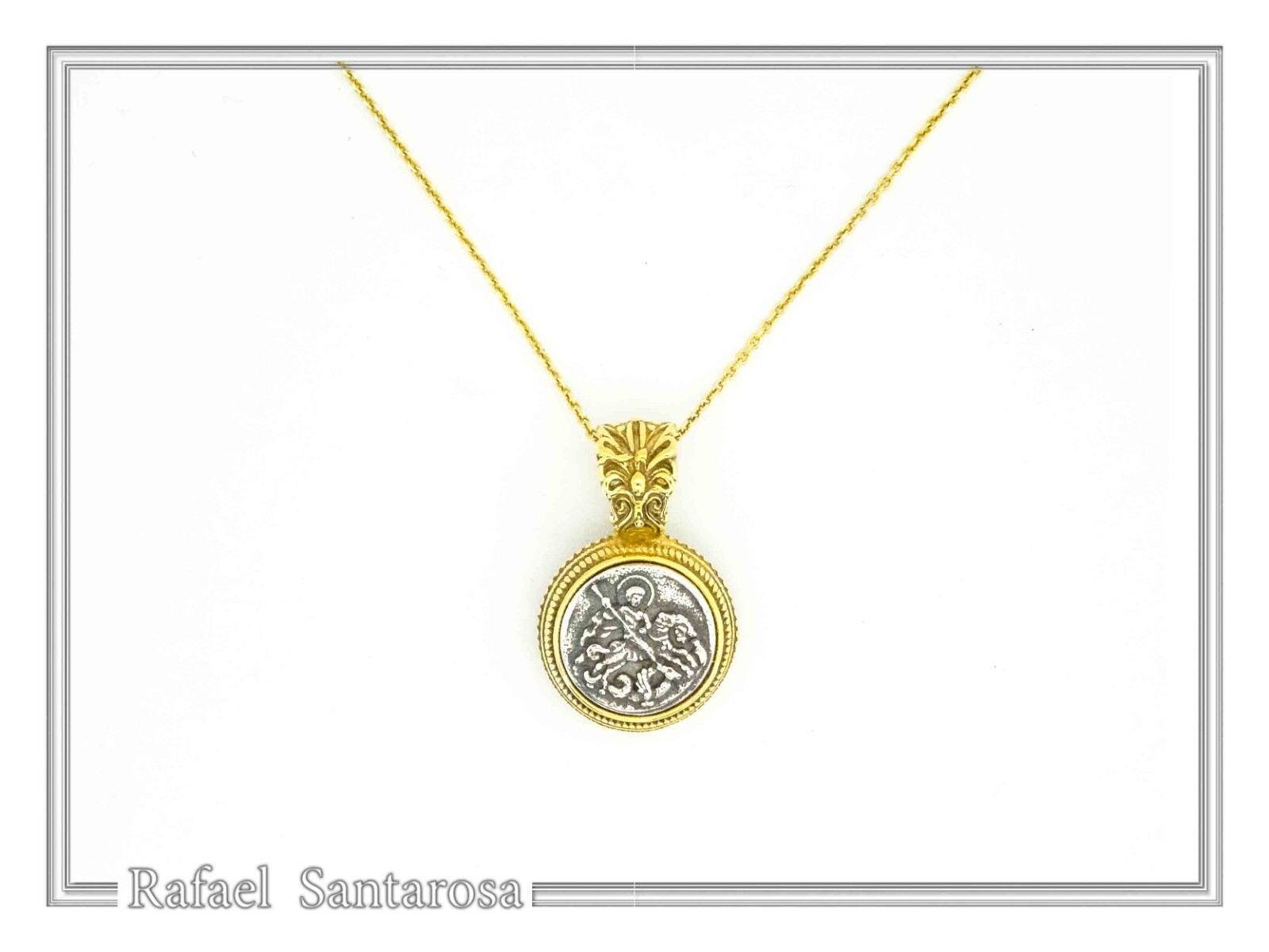 St. George killing Evil talisman charm oxidized silver coin 18ct filligree decor