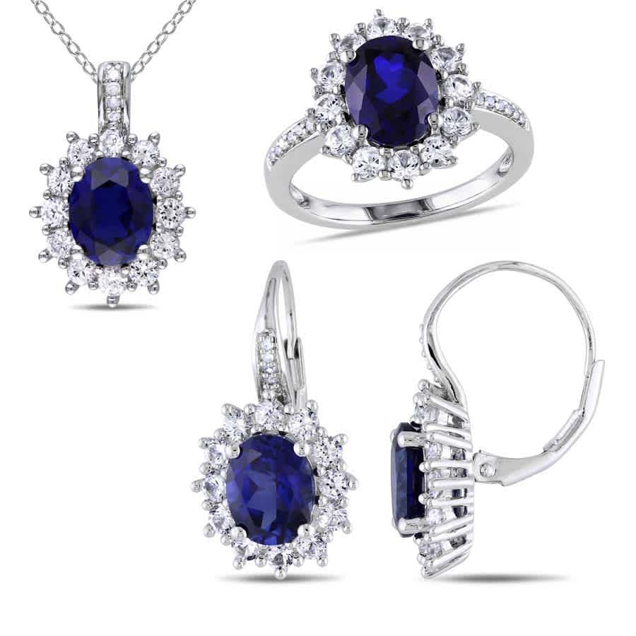 AMOUR 3-pc Set: 1/10 CT Diamond, Blue and White Sapphire Pendant, Earrings, Ring