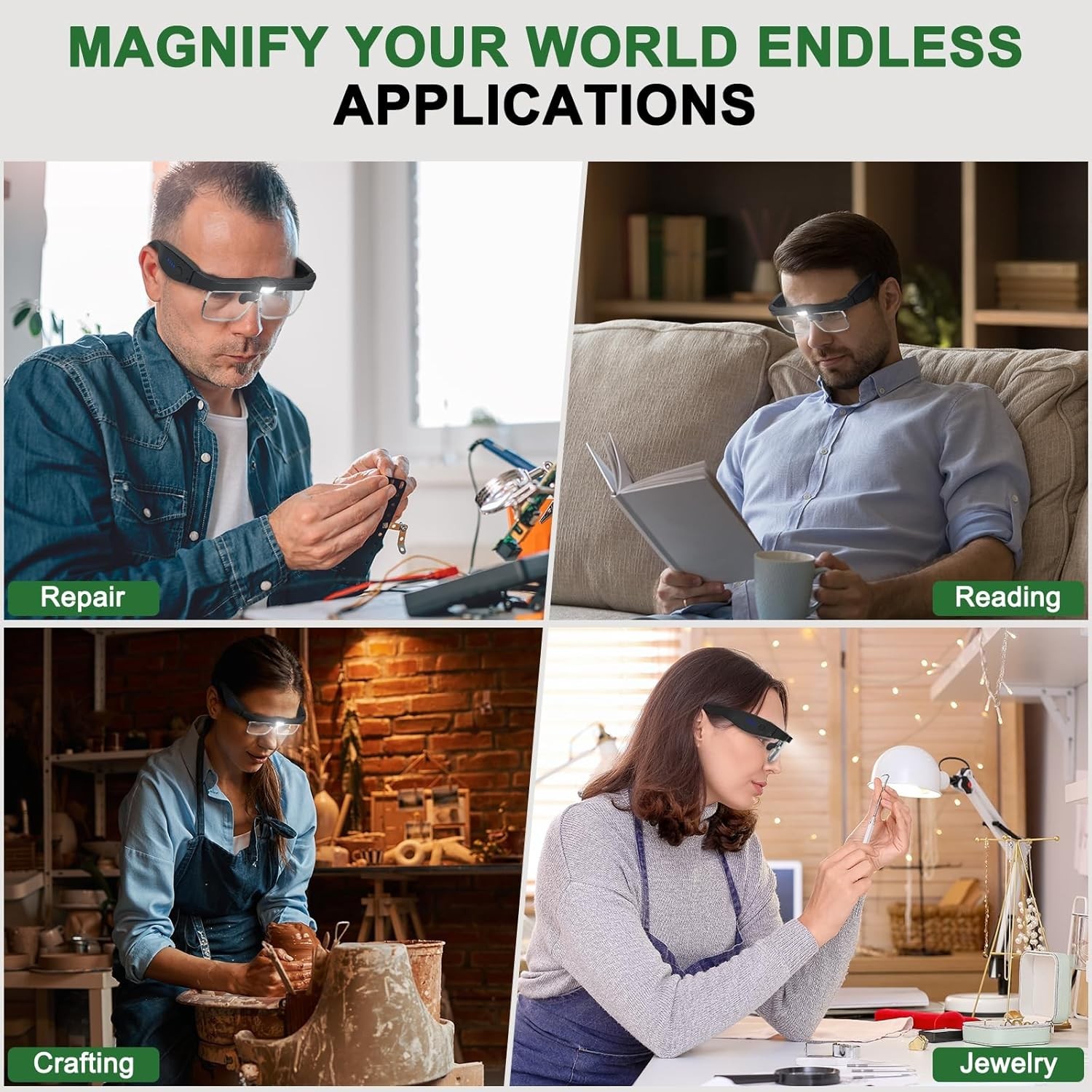 Lupa De Cabeza Con LED Luz Gafas Para Trabajo Cercano KIT De 5 Lentes De Aumento