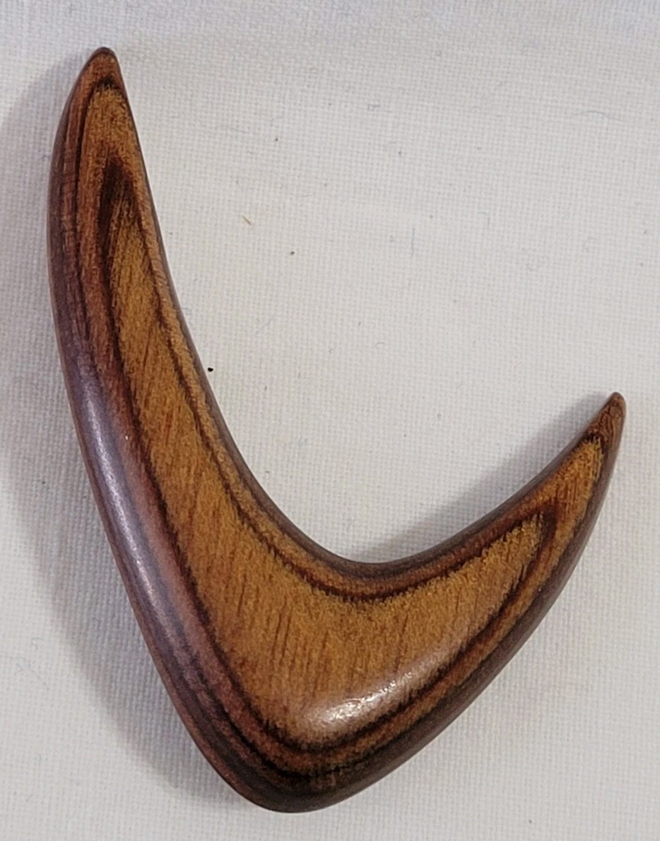 Boomerang Polished Wood Pin Brooch Layered Crescent Wood Grain 2 x 1.5″ Brown