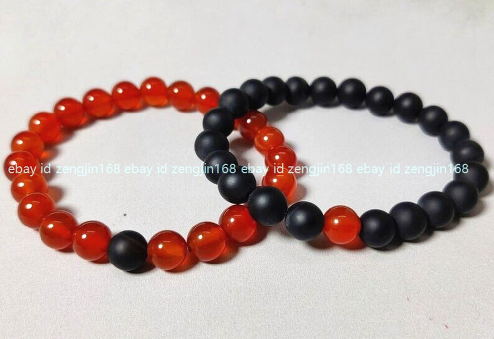 8mm Dainty Black & Red Onyx Smooth Round Gemstone Beaded Cupels Bracelets 6-8”