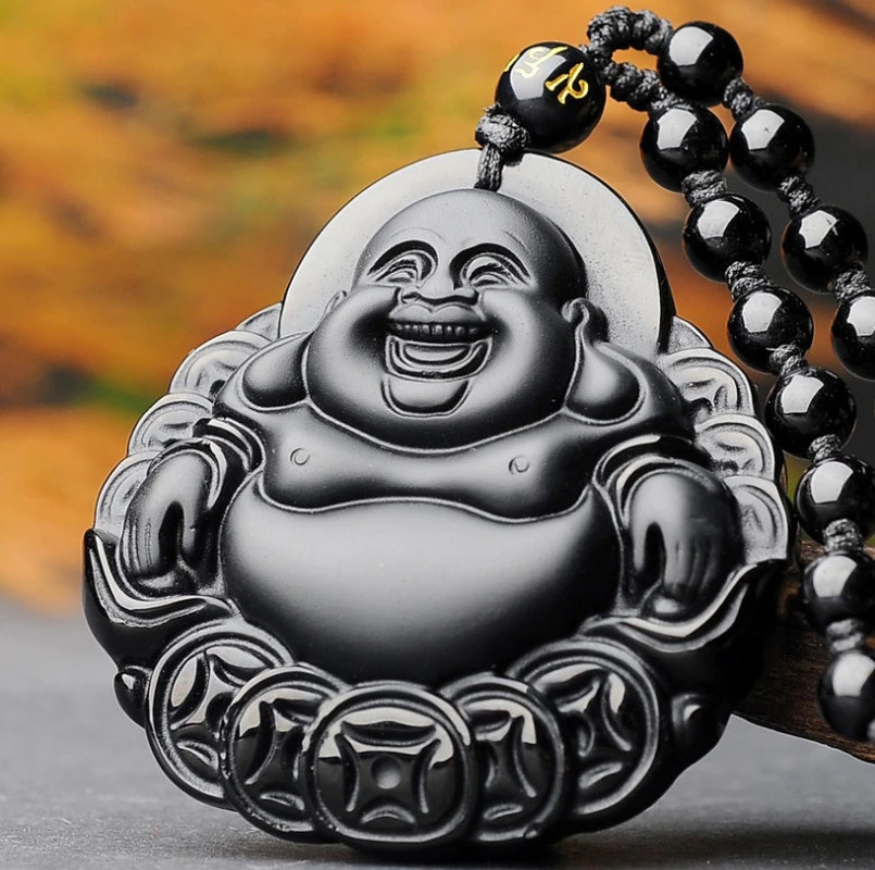 Men’s Fashion Jewelry Frosted Black Stone Beaded Buddha Pendant Necklace 490