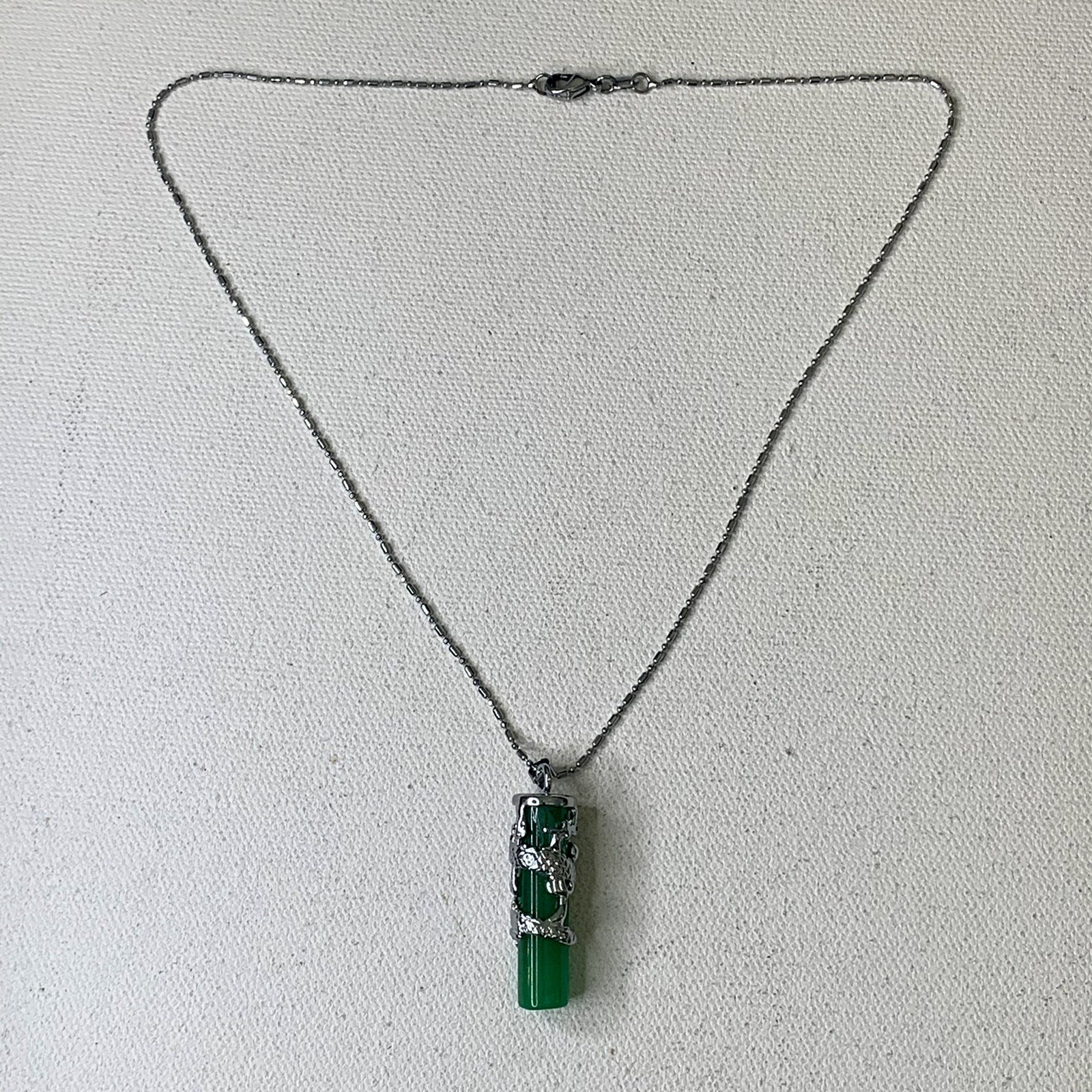 Dragon Coil Green Jade Pillar Men Women Column Pendant Chain Necklace 18KWGP 16″