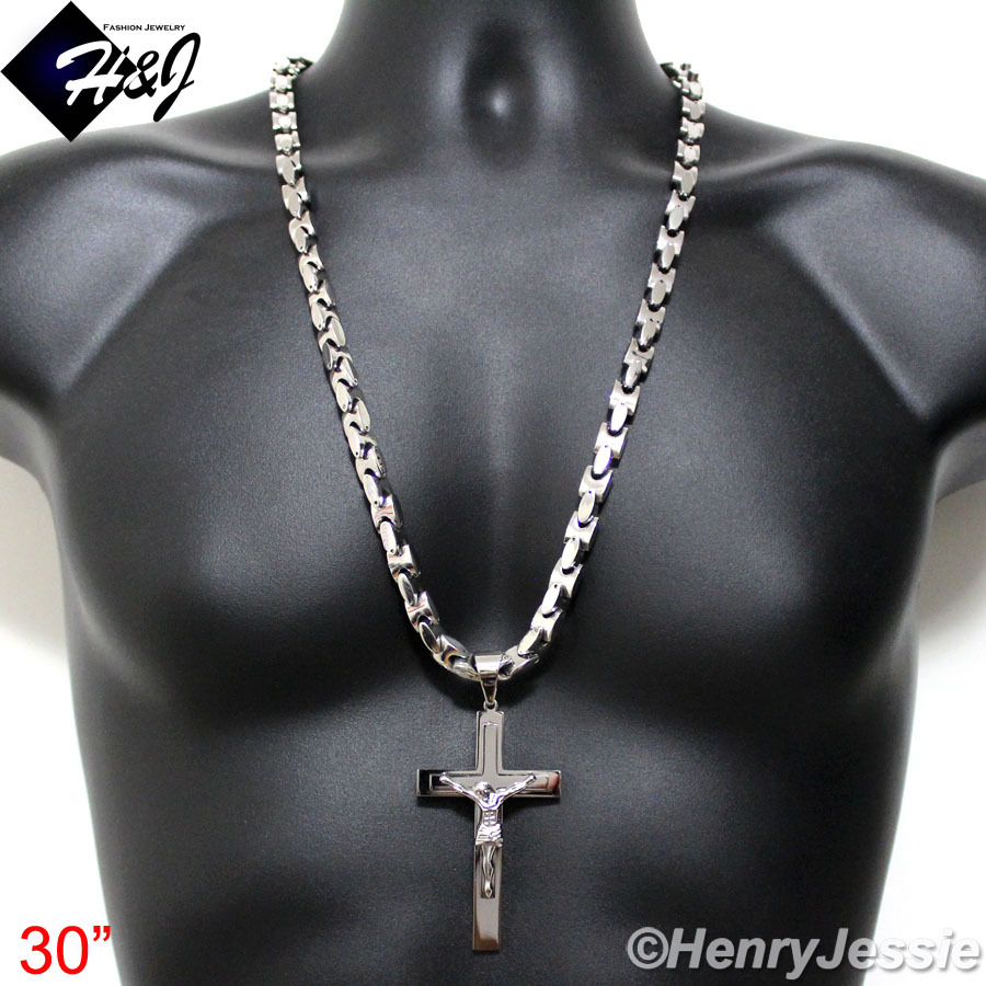 18″-40″MEN Stainless Steel 8mm Silver Interlock Chain Necklace Cross Pendant*BJ1