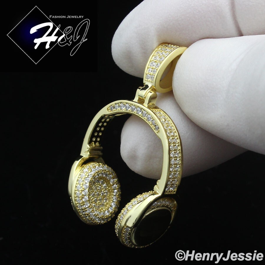925 STERLING SILVER ICY BLING CZ 3D GOLD PLATED HIP HOP HEADPHONE PENDANT*GP401