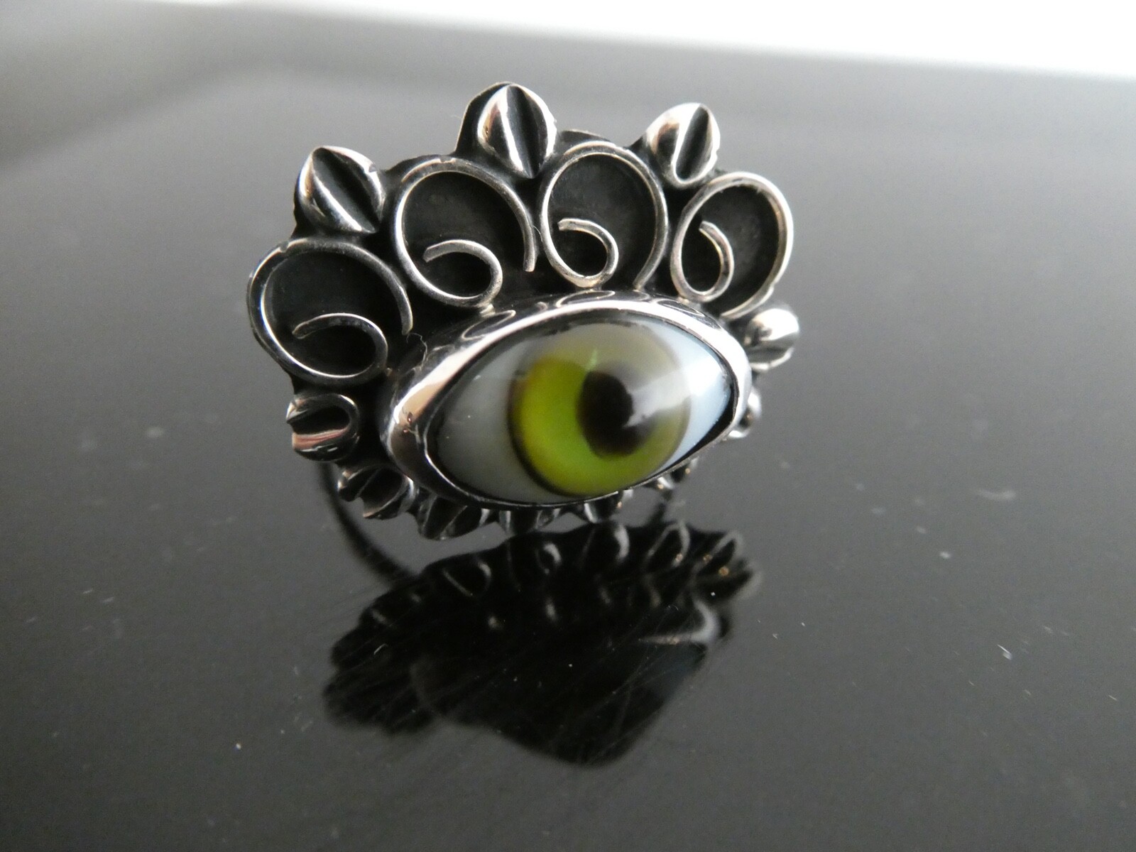 Green Evil EYE Sterling Silver 925 Taxco Mexico RING Adjustable Size 7 to 9