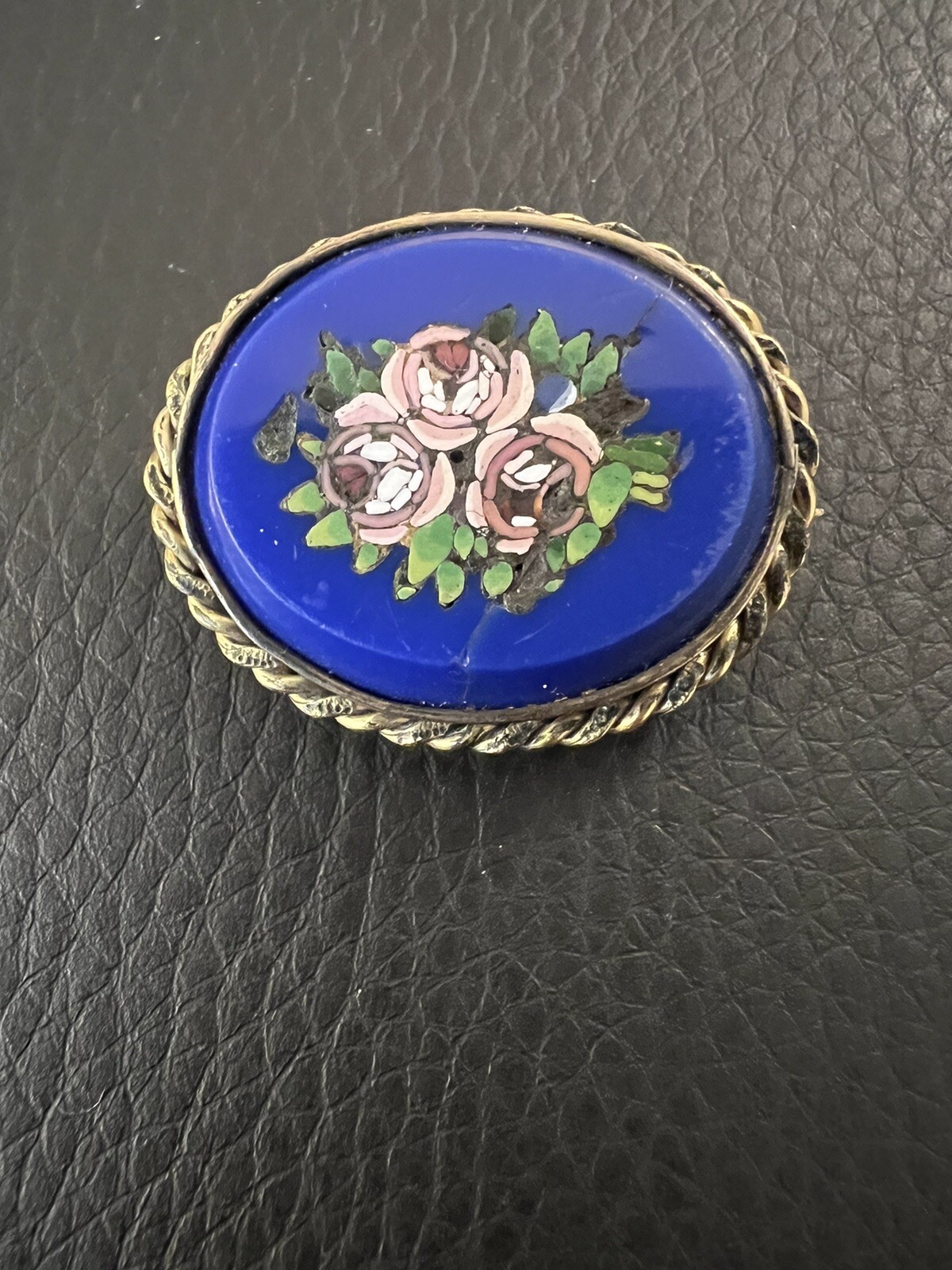 Antique Italian Pietra Dura Mosaic Inlay Pink Rose W Blue Gold Filled Pin Brooch