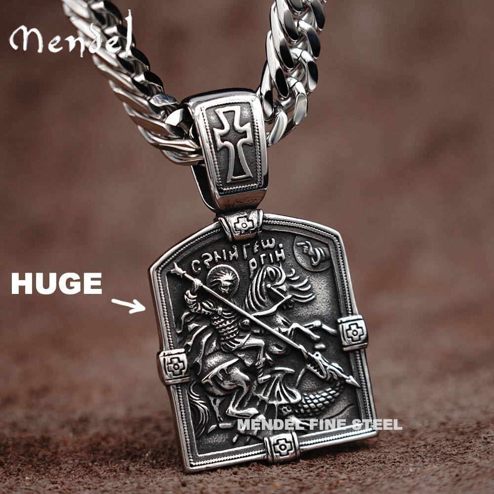 MENDEL Huge Big Hip Hop Cuban Link St George Dragon Cross Pendant Necklace Chain