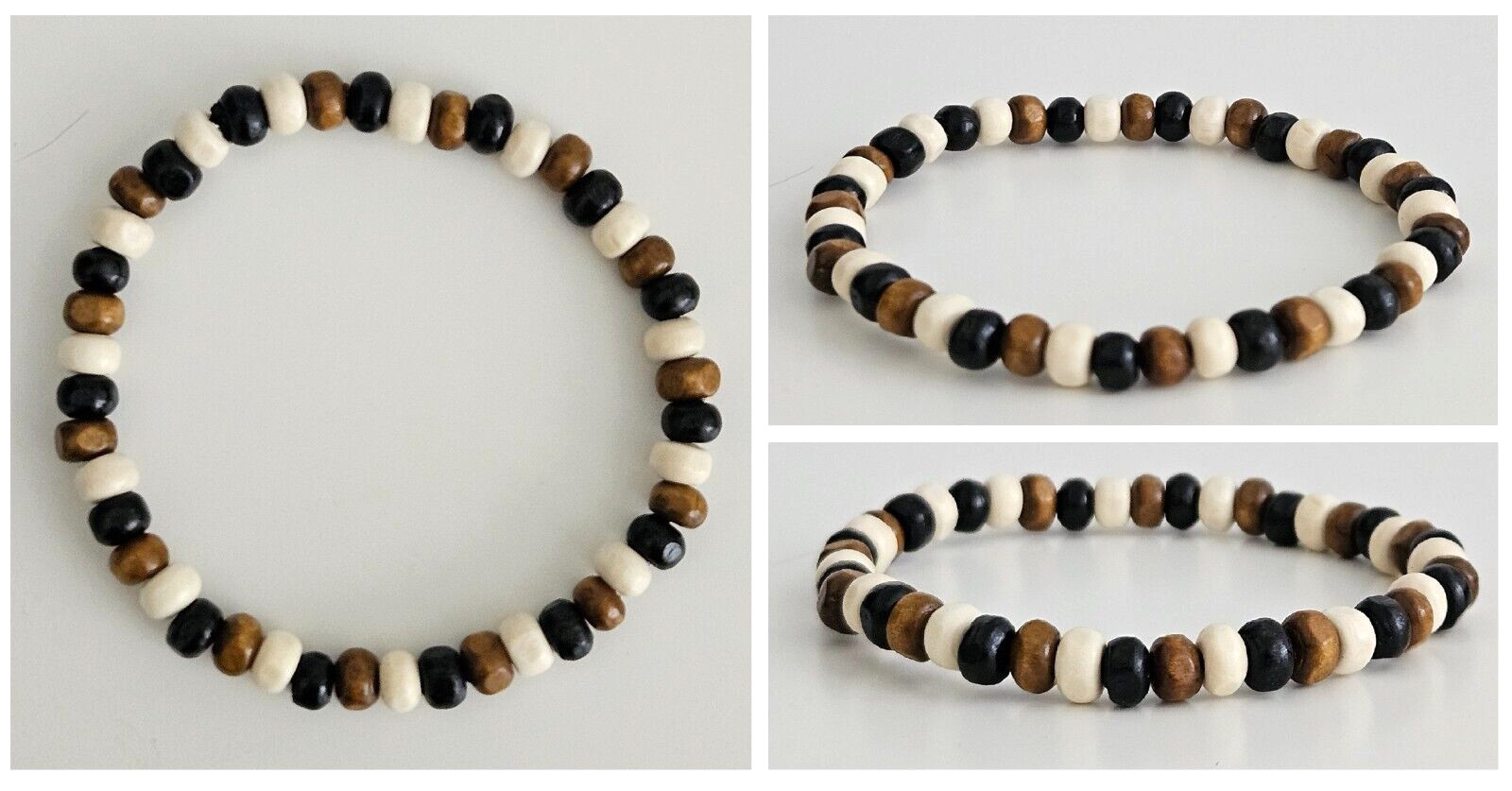 Mens / Womens Wooden Bead Stacker Bracelet – Black White Brown Mix – 5 Sizes