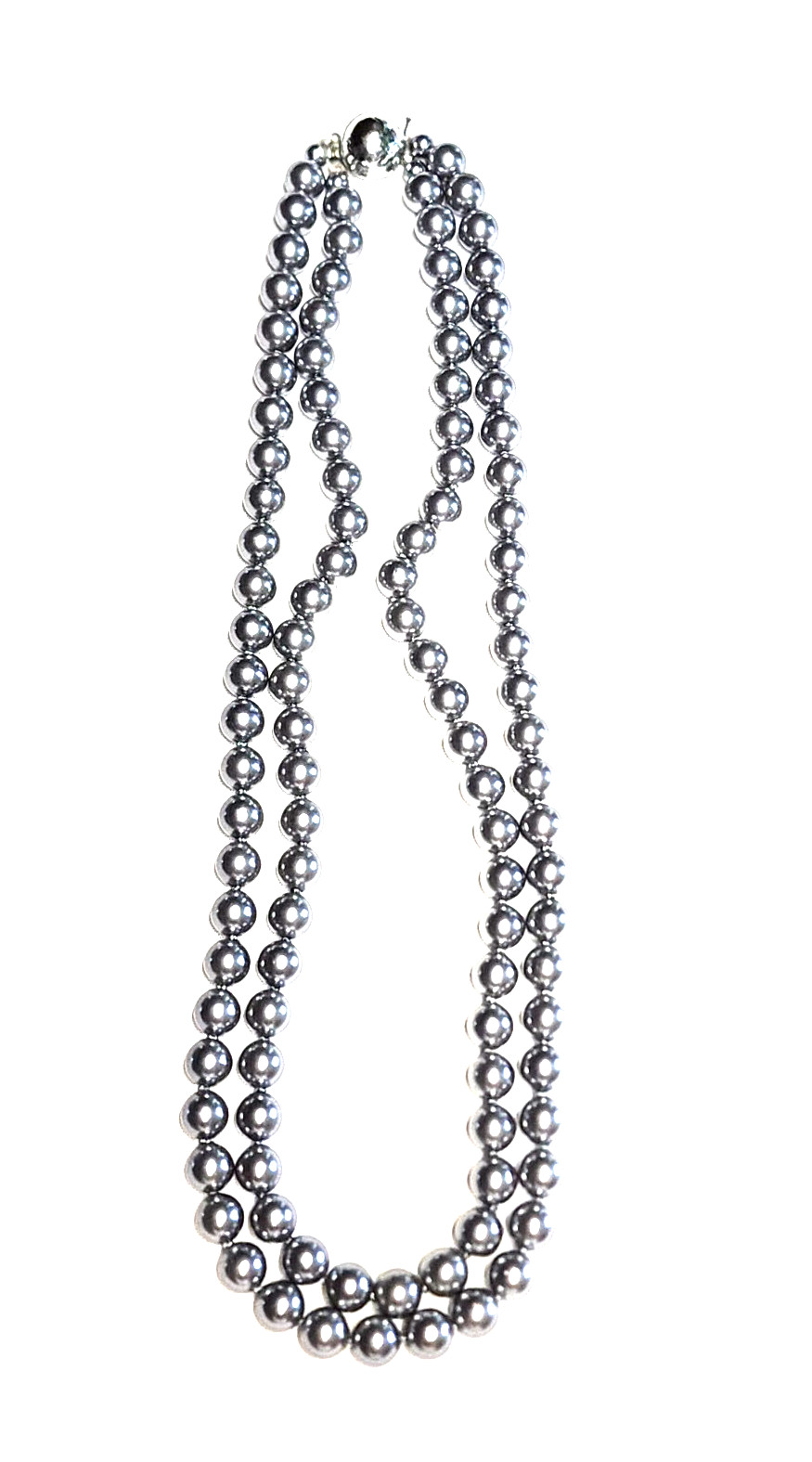 Vintage Silver Gray Long Faux Glass Pearl Necklace Pretty Push Lock Clasp 22”