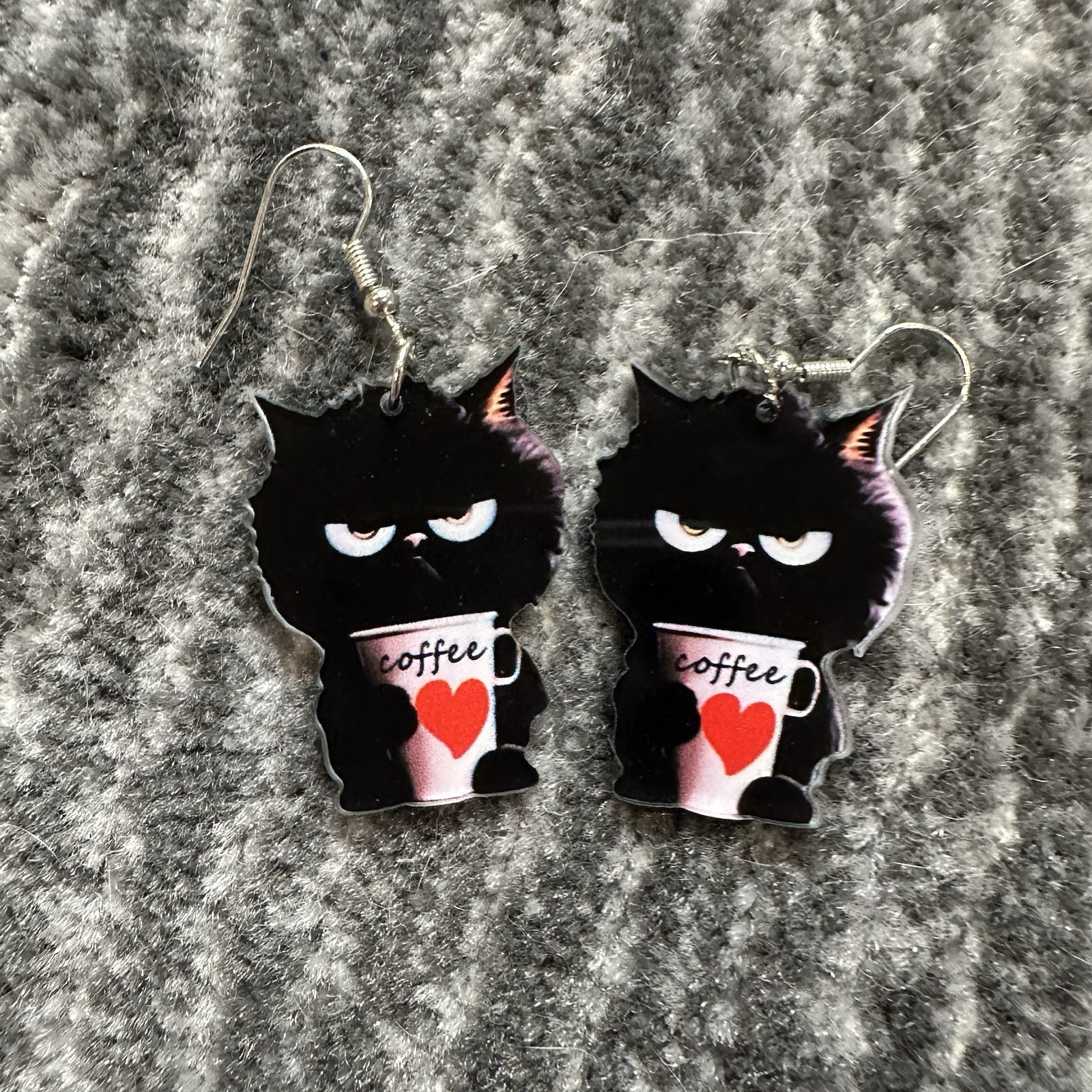Black Cat Earrings Dangle Angry Kitten Coffee Cup Acrylic Mad Kitty Cat Lady New
