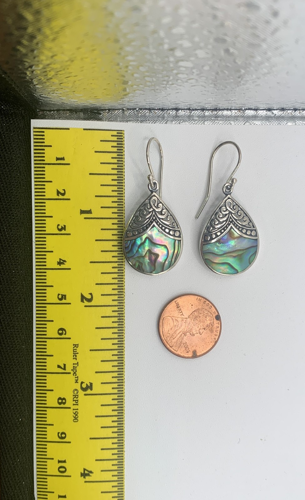 Sterling Silver 925 Abalone Shell Filigree Teardrop Dangle Earrings 5.4g