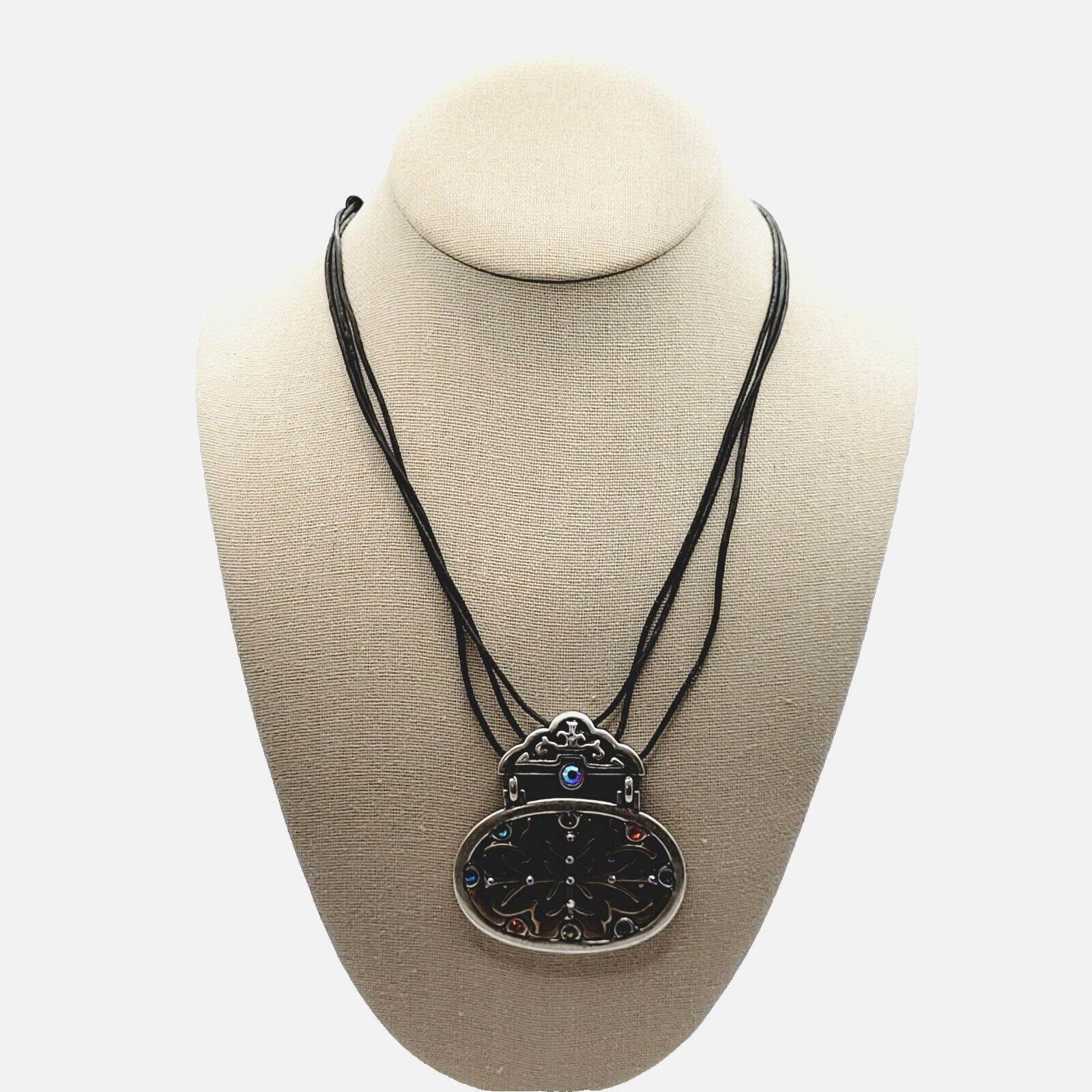 Chico’s Enamel and Rhinestone Pendant Necklace Triple Stand Cord Vintage Signed