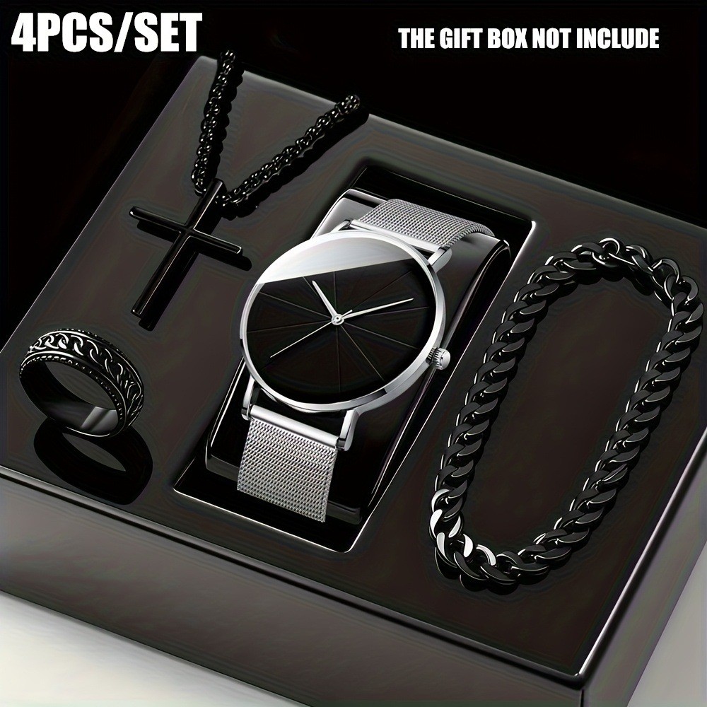 Men’s Fashion Watch Ring Necklace Bracelet Set – Stainless Steel Jewelry Collect