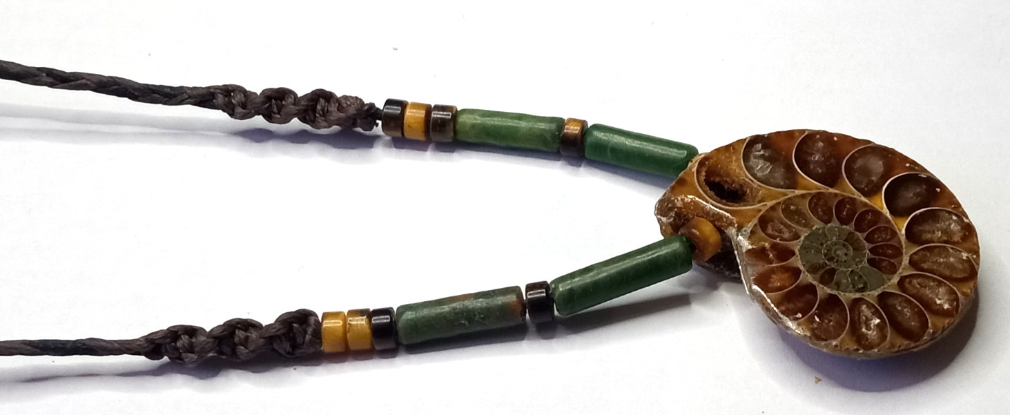 Fossil Ammonite With Nephrite beads Adjustable and Hand Braided Necklace