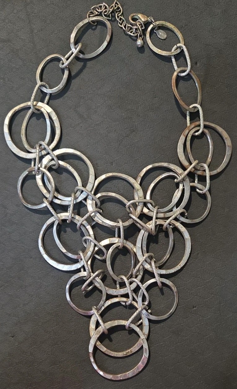 CHICO Silver Tone Statement Link Necklace Heavy Modern Mixed Ring Design 157g
