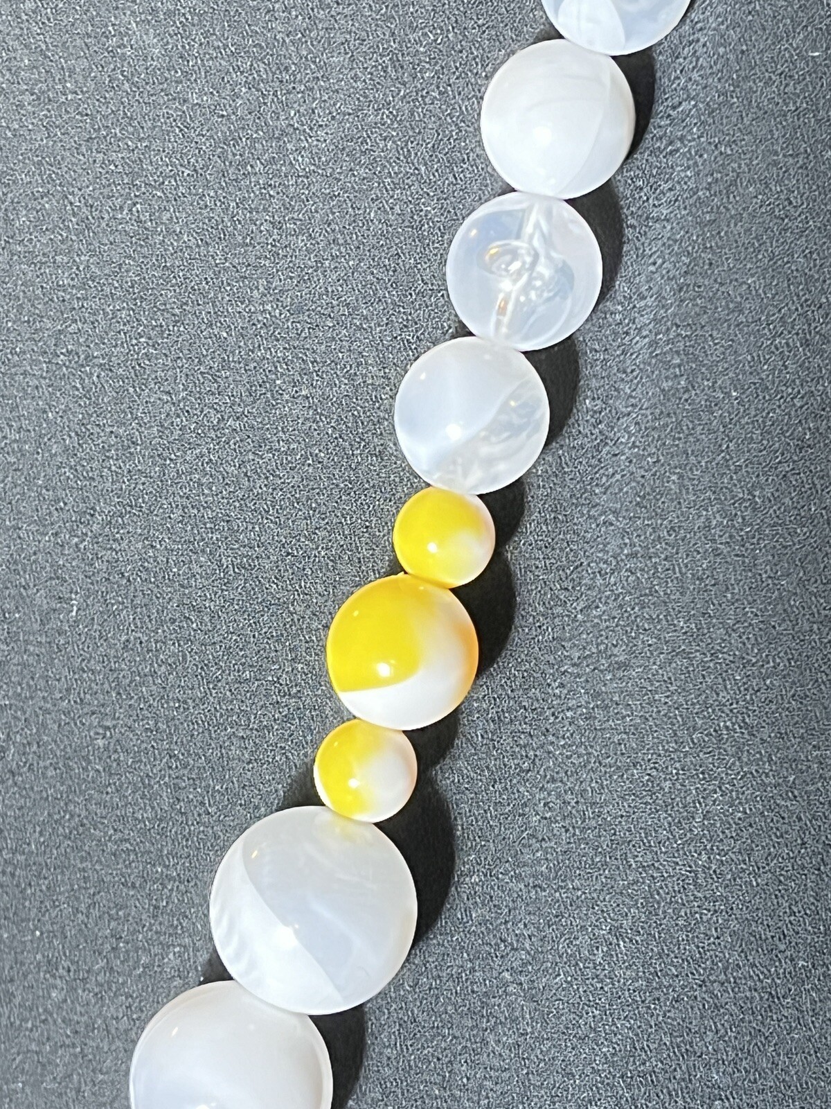 Vintage 1970’s Black Yellow White Clear Lucite Bead Necklace 31” Long