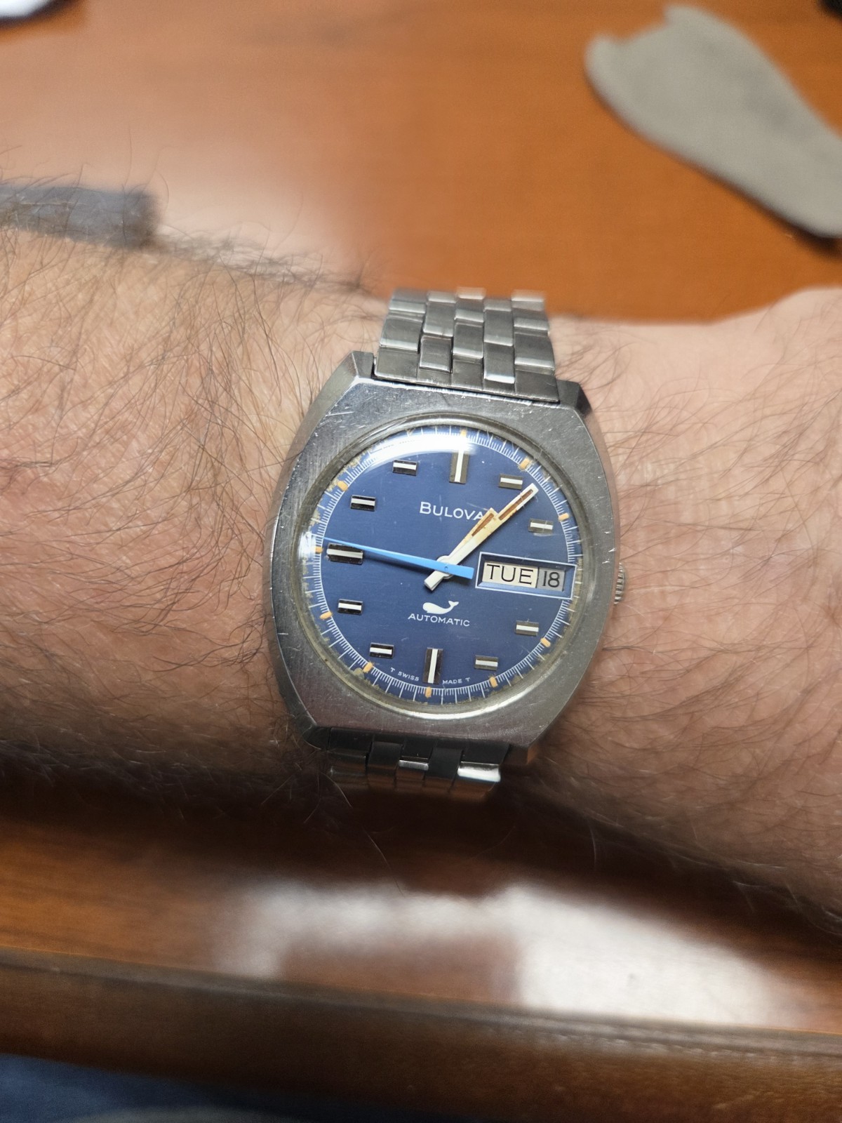 Vintage 1970 34mm Bulova Sea King Automatic Day/Date Swiss Blue Dial Runs Good
