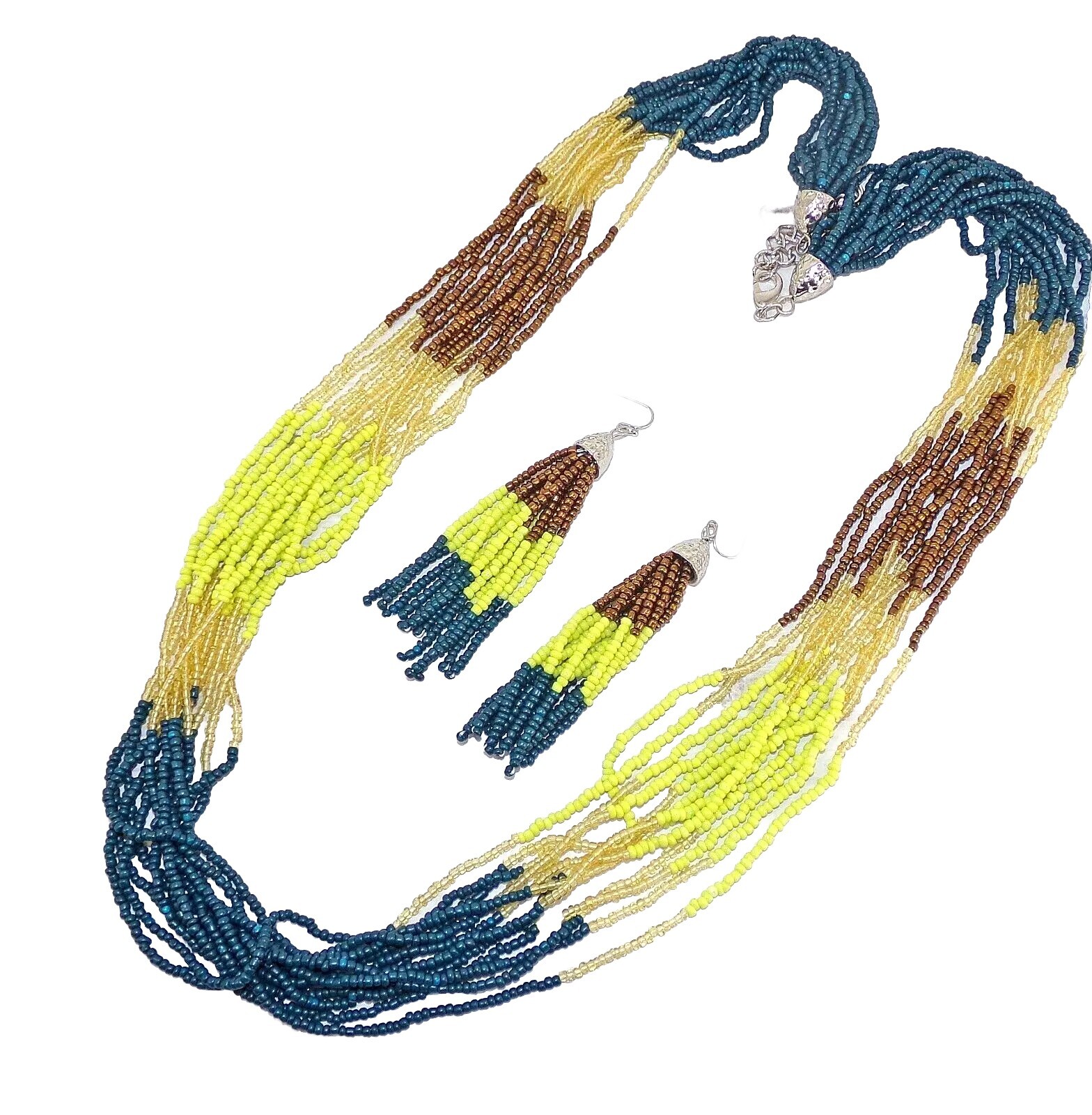 Multi color seed bead necklace and earring set in brown, yellow, blue, beige NEW